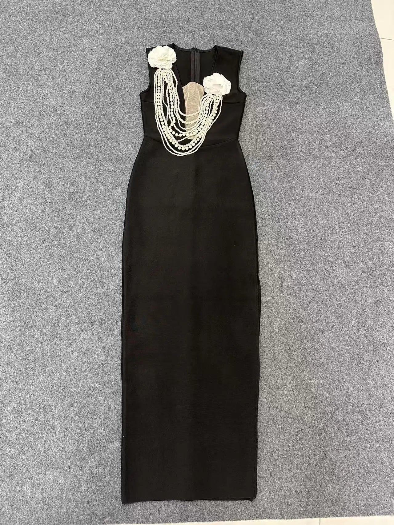 Women Sexy Sleeveless Pearl Beading Bodycon Bandage Long Dress Celebrate Evening Party Nightclub Outfit Vestido