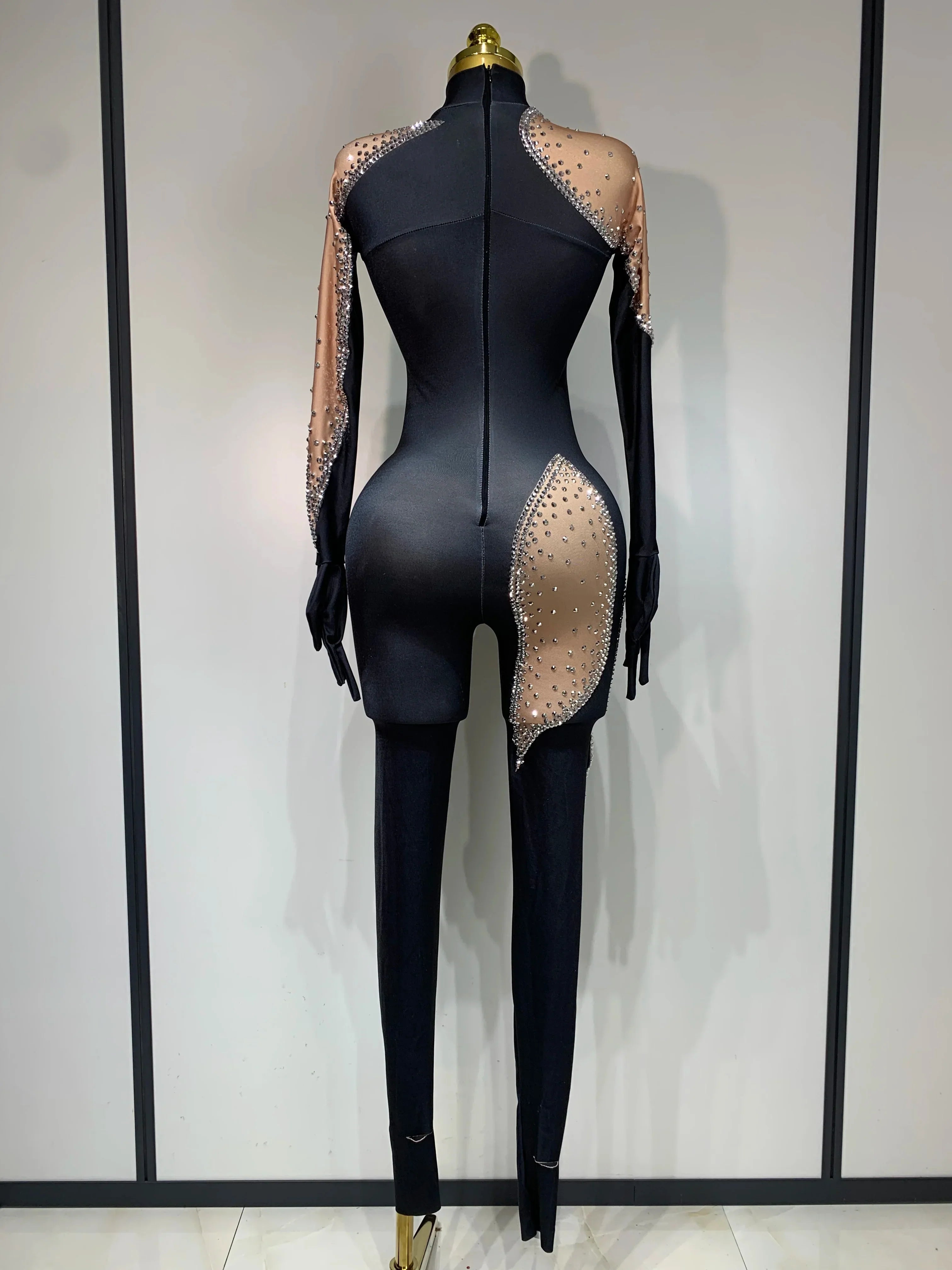 Fashion Sparkly Rhinestone Bodycon Bodysuit Female Singer Dancer Stage Perform Outfit Luxury Birthday Club Drag Queen Costume