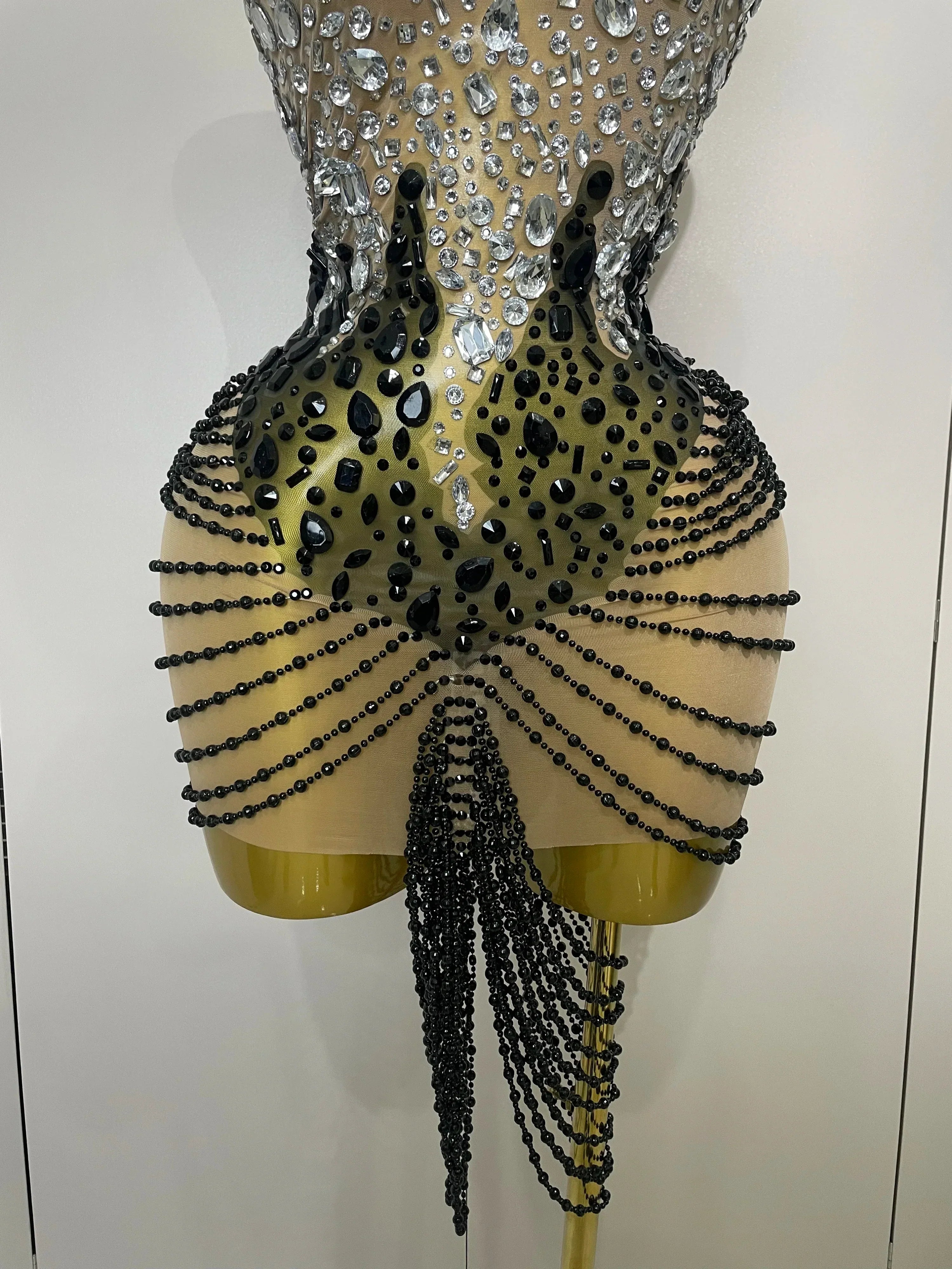 Sparkly Crystals Beading Short Dress  Women Sexy Mesh Backless Evening Prom Celebrate Birthday Dress Photo Shoot Wear