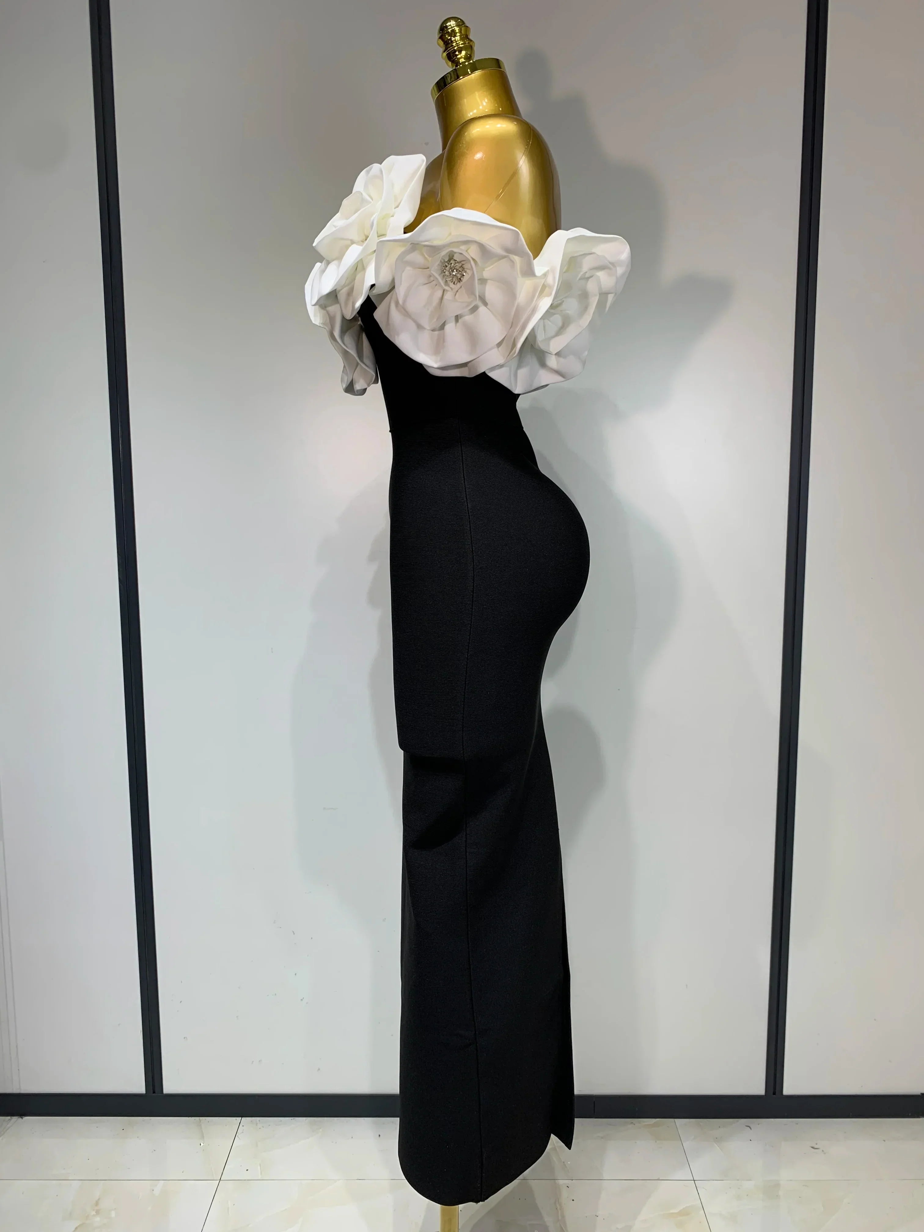 Women Sexy Off Shoulder Flower Diamonds Long Bodycon Bandage Dress  Celebrity Elegant Evening Luxury Birthday Party Dresses