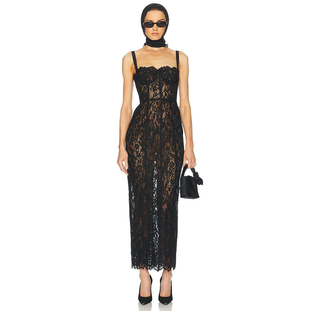 Elegant Lace Spaghetti Strap Long Dress Women Slim Sleeveless Sling Evening Party Gowns Summer Female Fashion Robe black
