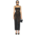 Elegant Lace Spaghetti Strap Long Dress Women Slim Sleeveless Sling Evening Party Gowns Summer Female Fashion Robe black
