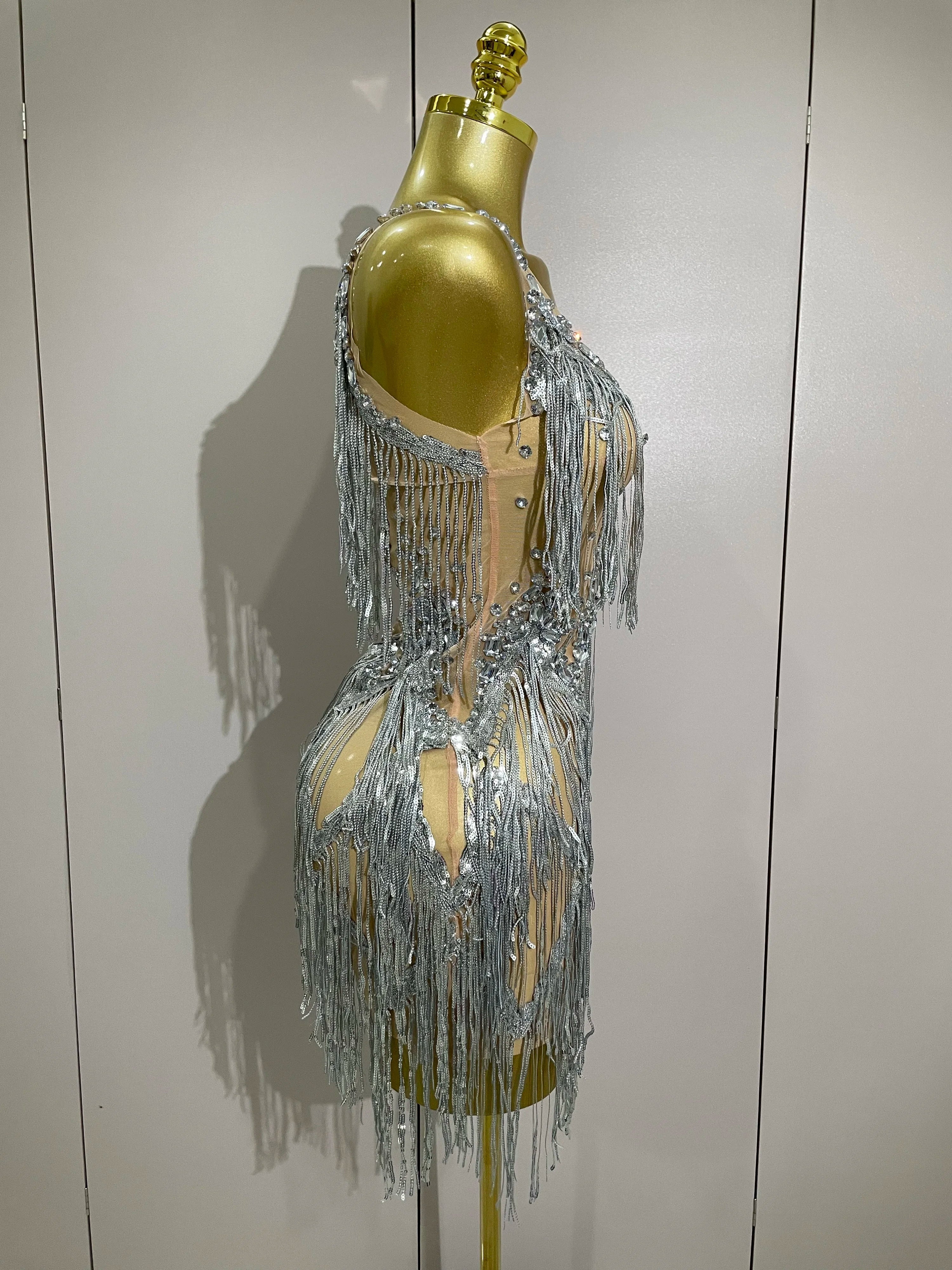 Sparkly Rhinestone Tassels Sexy Mesh Mini Dress  Women Evening Birthday Party Dresses Nightclub Performance Stage Costume