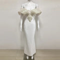 Women Sexy Pearl Beading Tight Maxi Bandage Dress Off The Shoulder Patchwork Bodycon Clothes Club Evening Party Elegant Gown APRICOT
