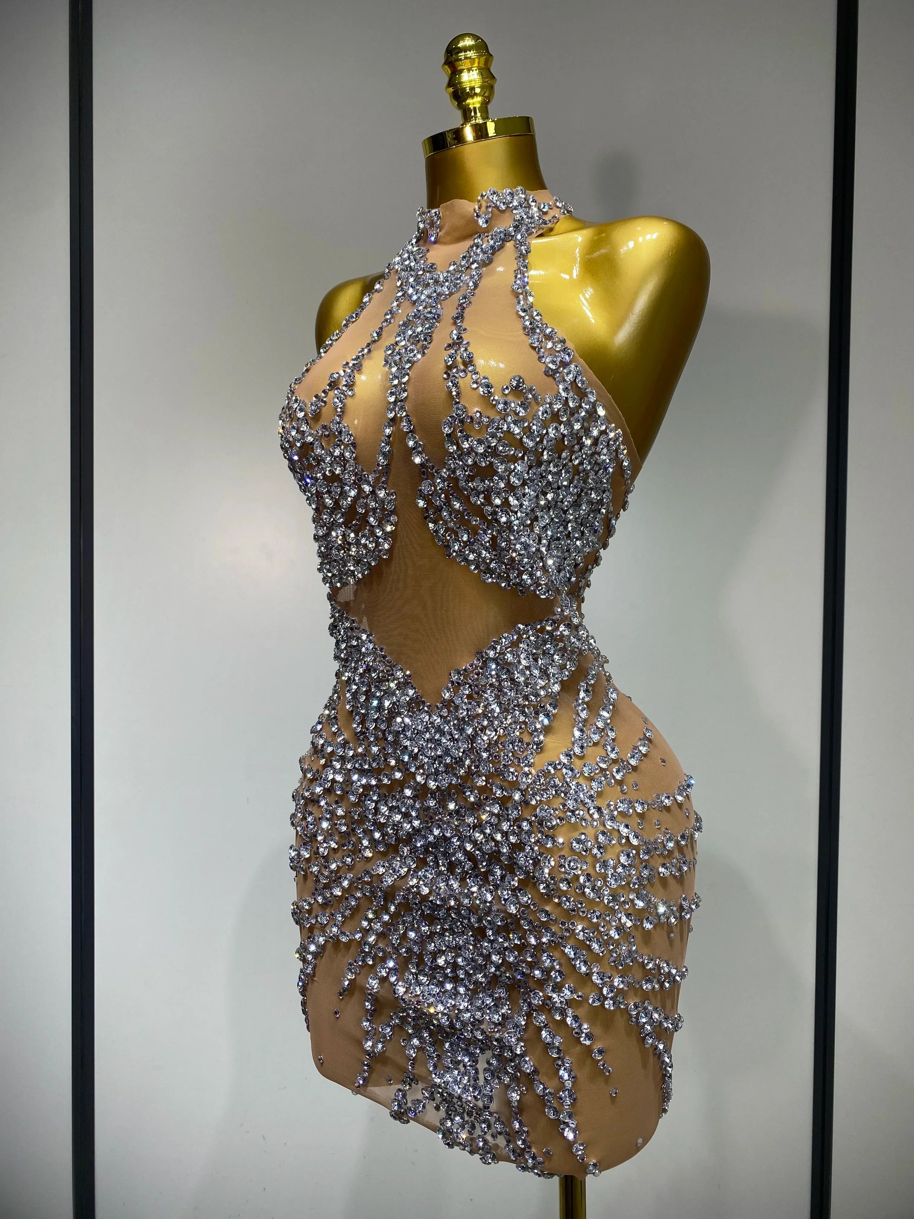 Luxury Rhinestones Mesh Transparent Prom Mini Dress Shinny Women Birthday Celebrate Party Prom Nightclub Outfit Stage Costume