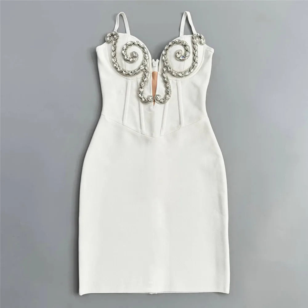 Women Sleeveless Sexy Strap Shinning Crystal Bodycon Mini Bandage Dress Nightclub Party Girls' Vacation Outfit WHITE