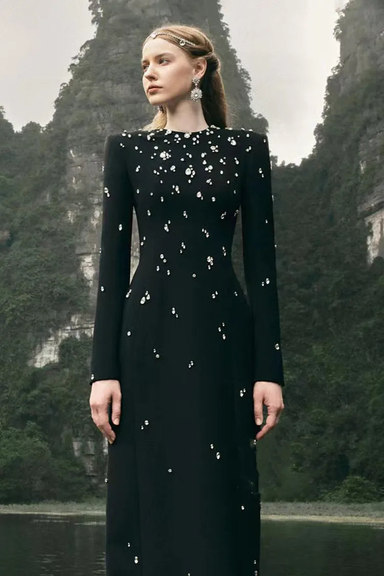 Women Long Sleeve Shinning Crystal Bodycon Long Bandage Dress Elegant Evening Party Occation Celebrate Outfit