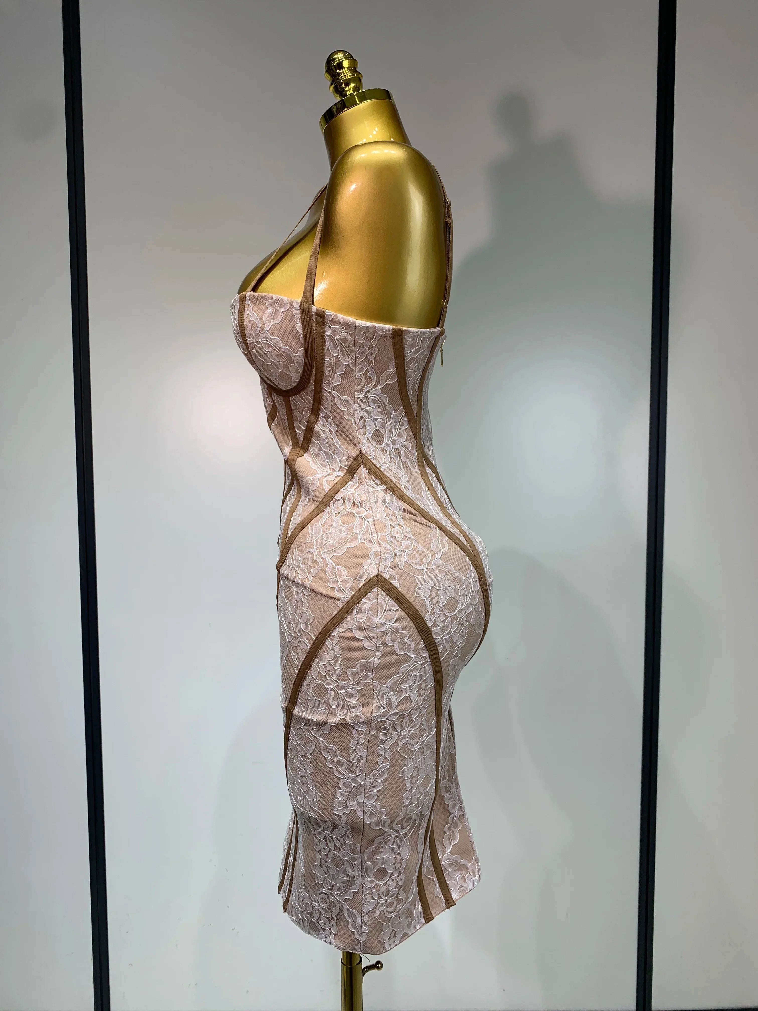 Luxury Birthday Dress Women Khaki Spaghetti Strap Lace Sexy Bodycon Celebrity Elegant Cocktail Club Party Bandage Dress