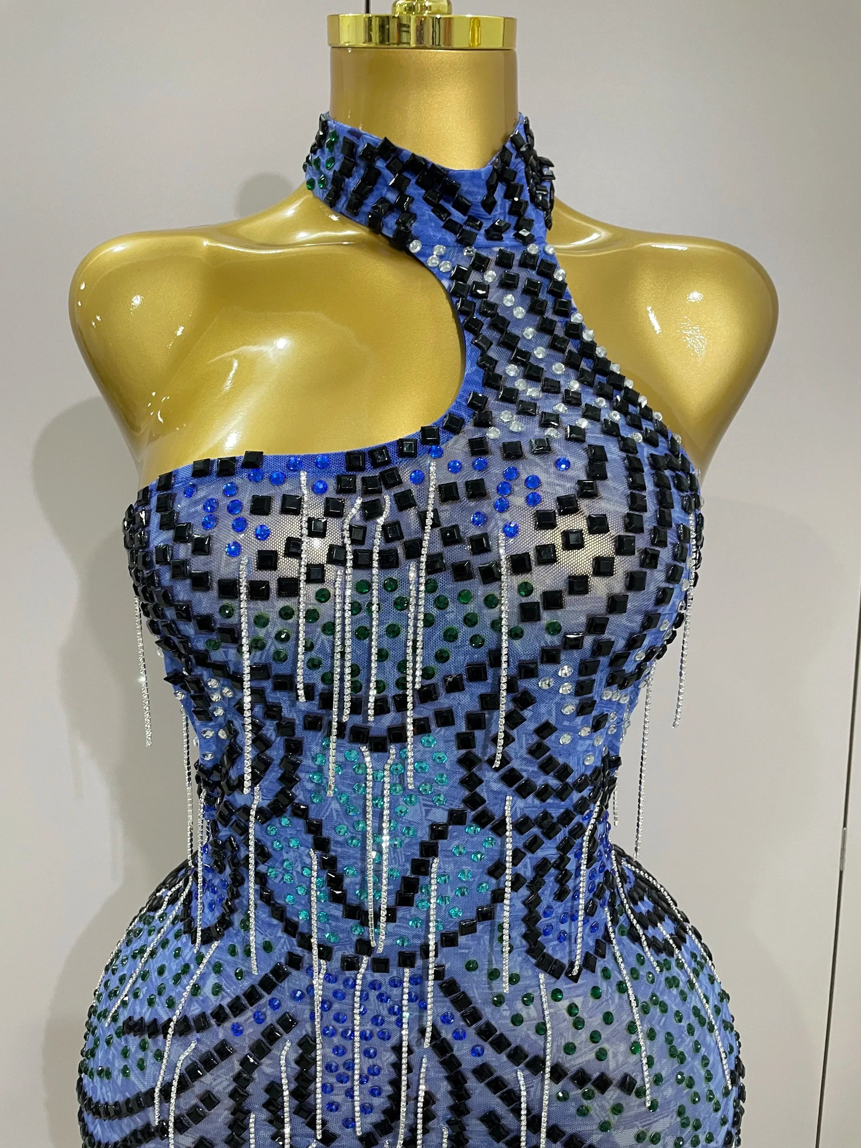 Sexy Sparkly Rhinestones Chains Blue Mesh Short Dress  Women Party Celebrate Birthday Dresses Photo Shoot Stage Wear