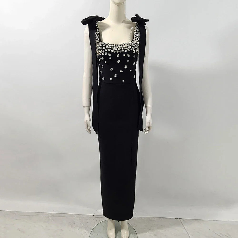 Ladies Sparkling Luxury Diamond Spaghetti Strap Backless Design Sleeveless Sexy Maxi Bandage Dress Celebrity Evening Party Gowns black