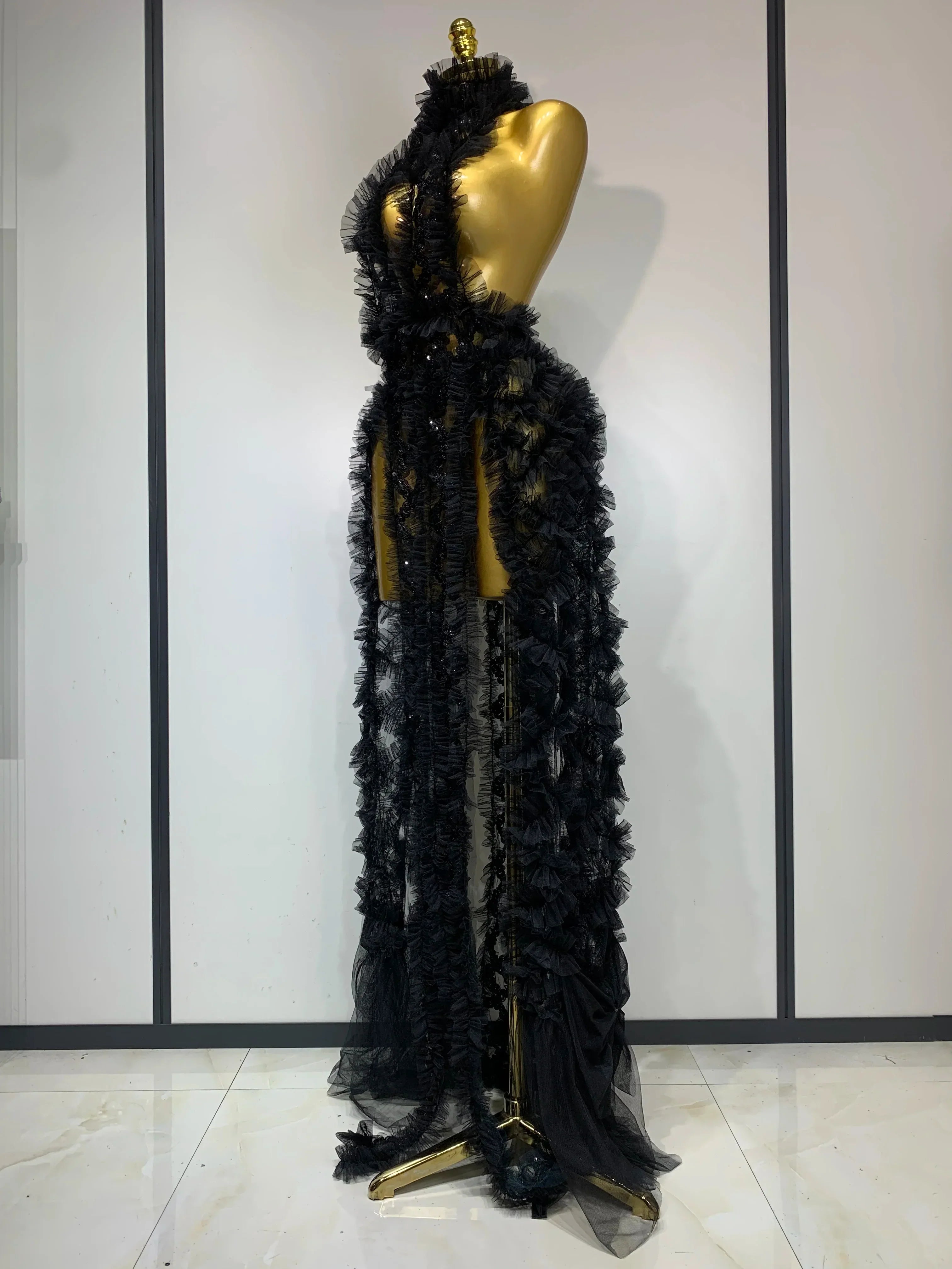 Black Mesh Sequins Sexy  Halter See Through Dress  Evening Party Prom Nightclub Singer Performance Costume Stage Wear