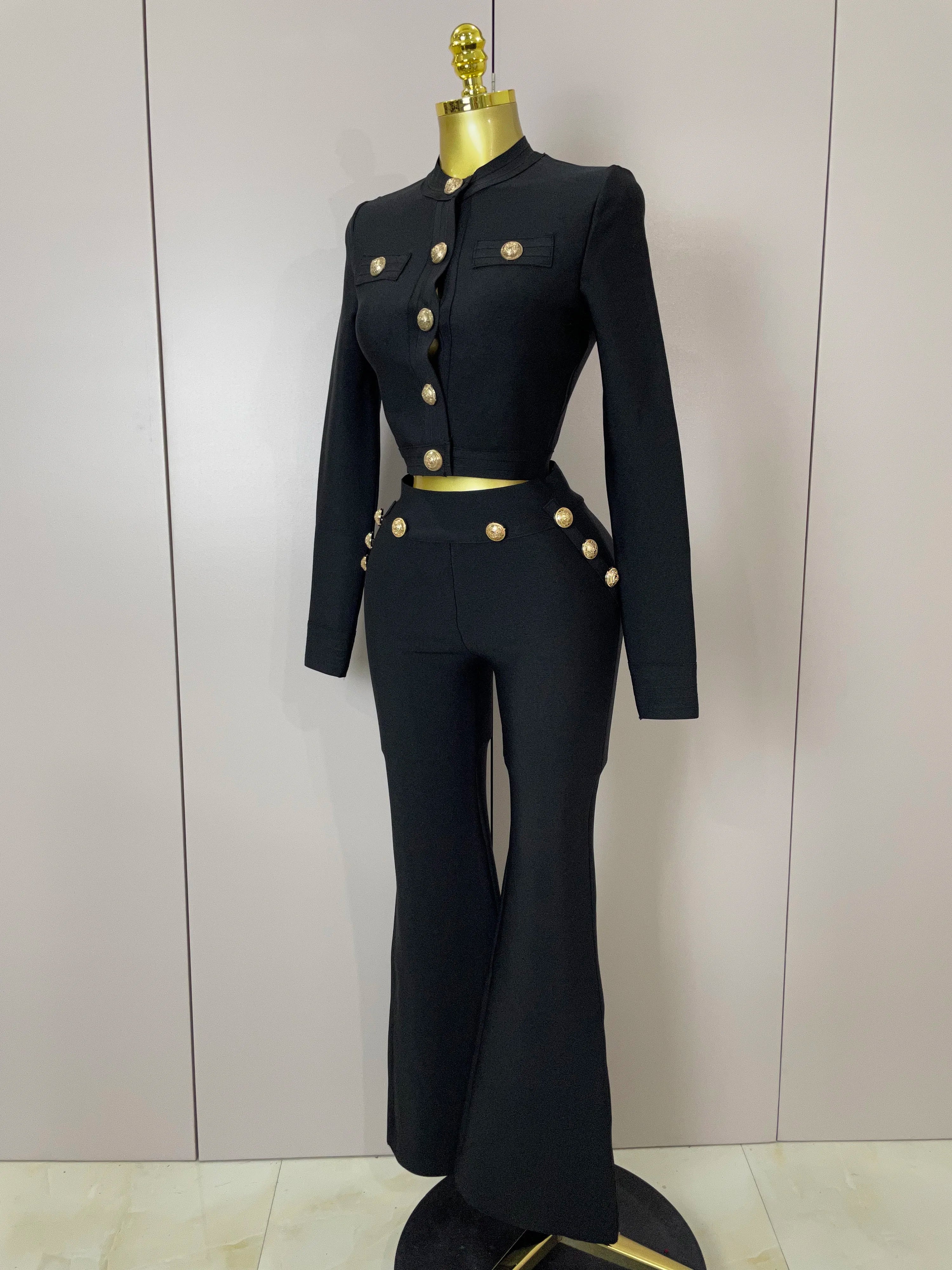 Golden Buttons Short Coat Top And Flare Pants  Bandage 2 Pieces Set Woman Celebrity Evening Party Vestidos