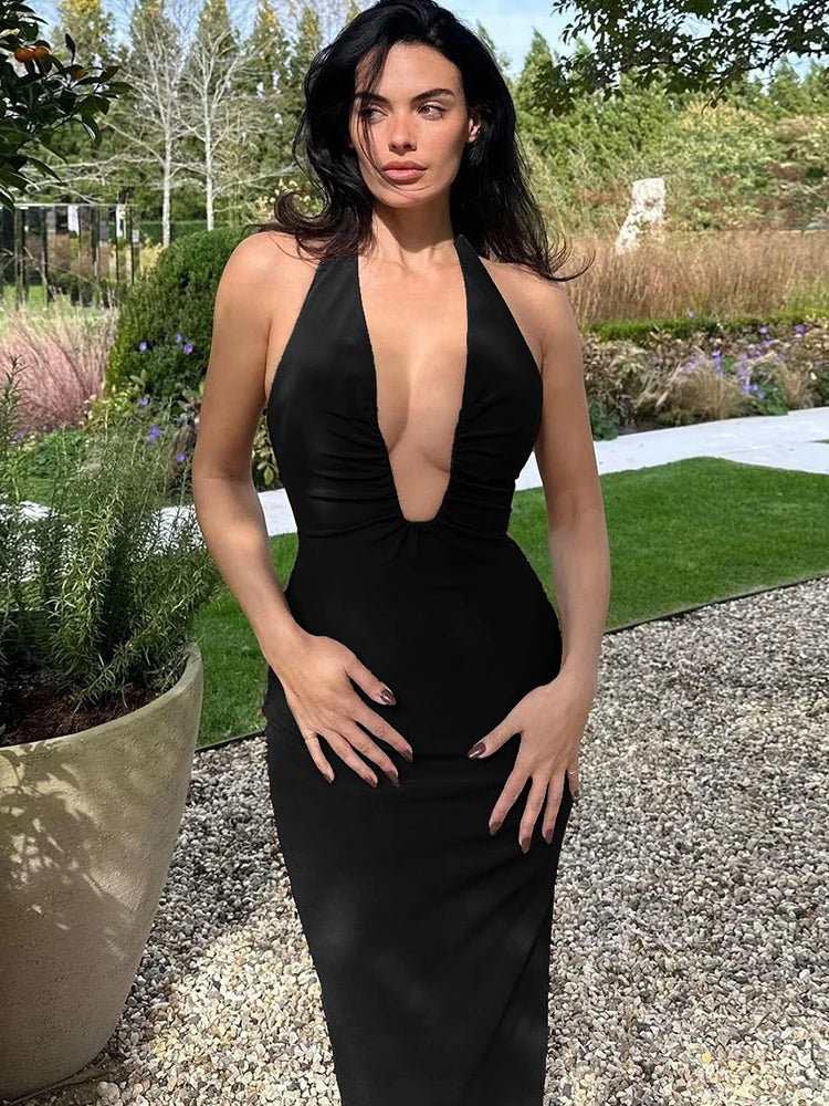 Ruched Deep Vneck Halter Midi Dress