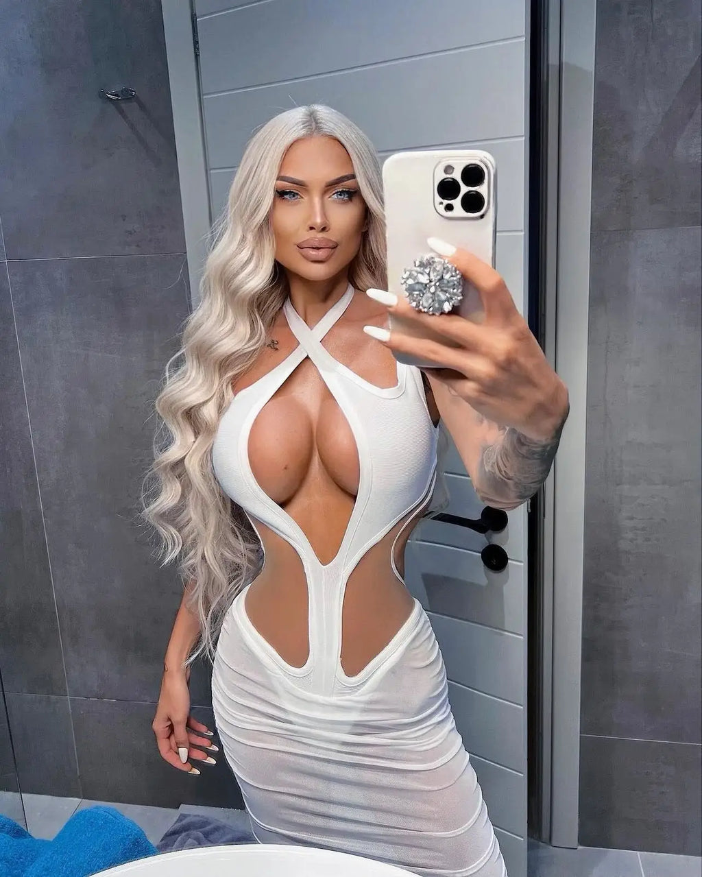 Women Sleeveless Sexy Halter See Through Bodycon Mid-calf Bandage Dress Nightclub Party Celebrate Dress WHITE
