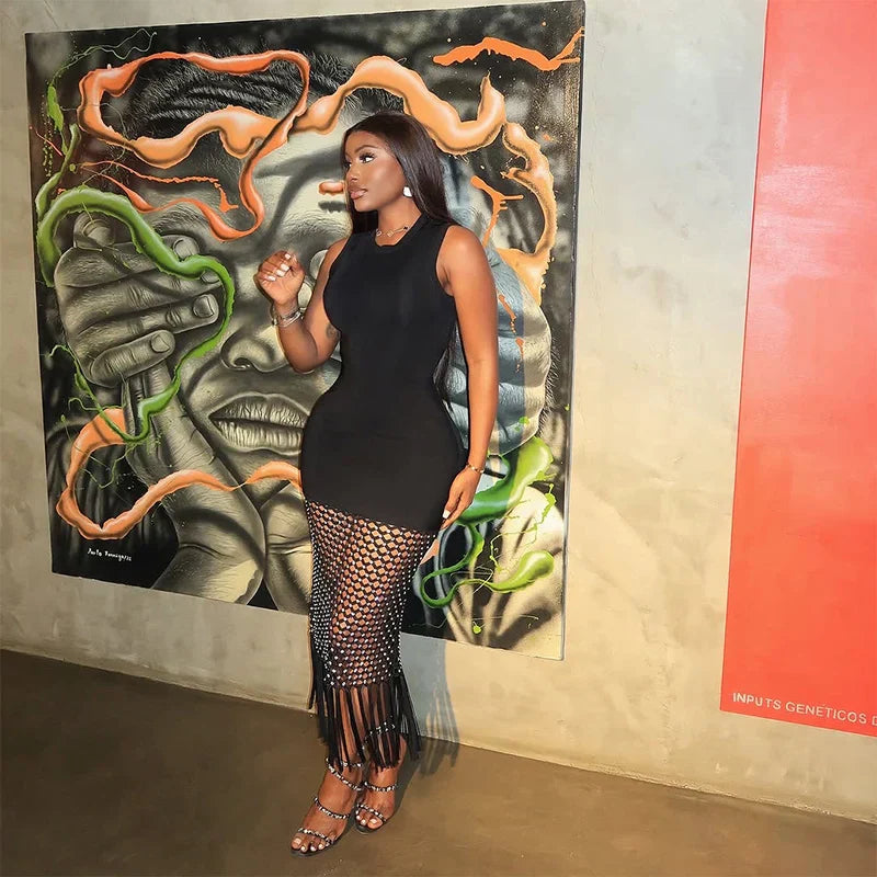 Women Sleeveless Sexy O-Neck Shinning Rhinestones Bodycon Long Bandage Dress Nightclub Party Celebrate Evening Wear