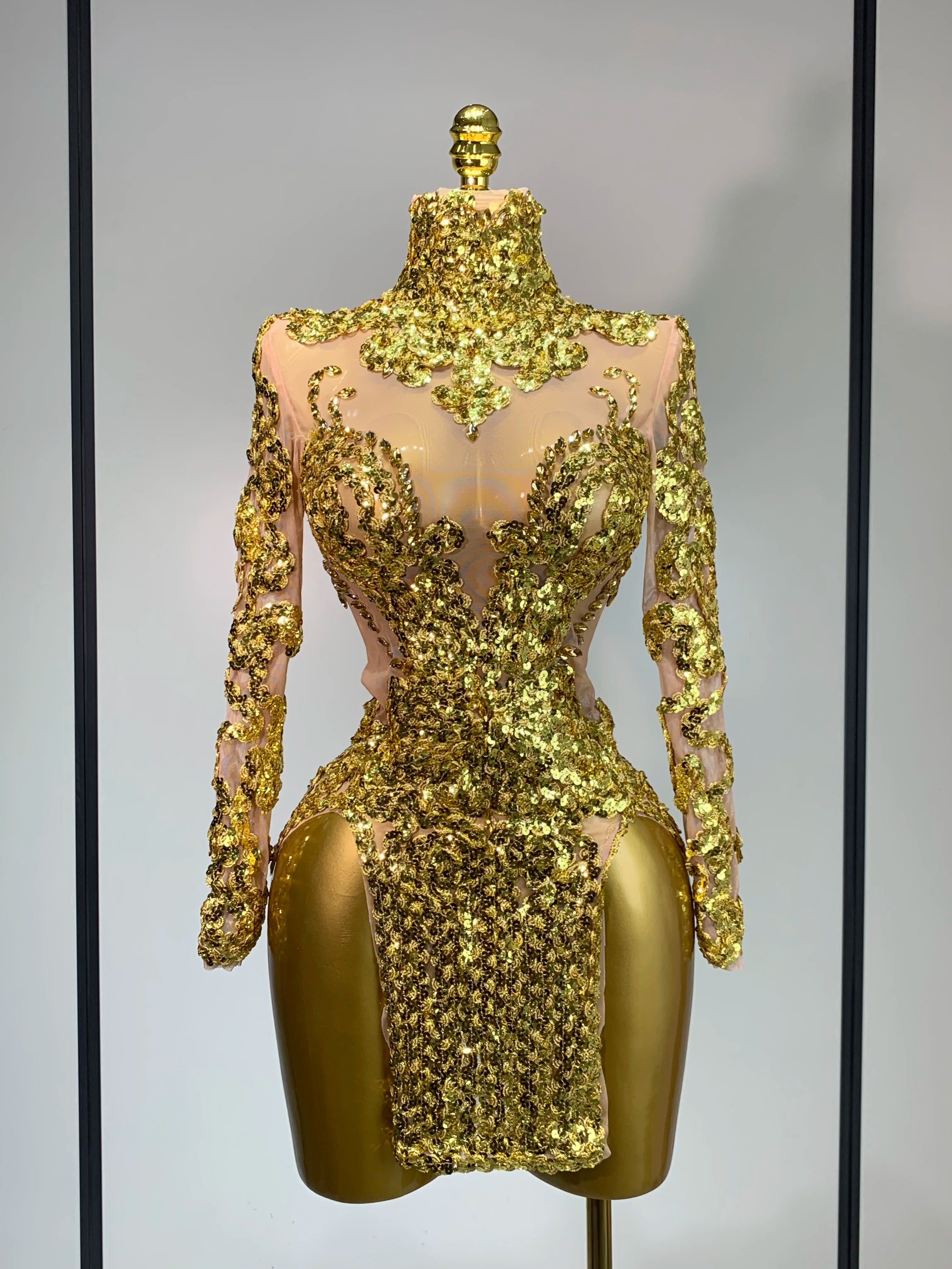 Sparkly Silver Gold Sequins Short Dress Sexy High Slit Women Nightclub Evening Party Dress Birthday Singer Stage Show Outfit Gold