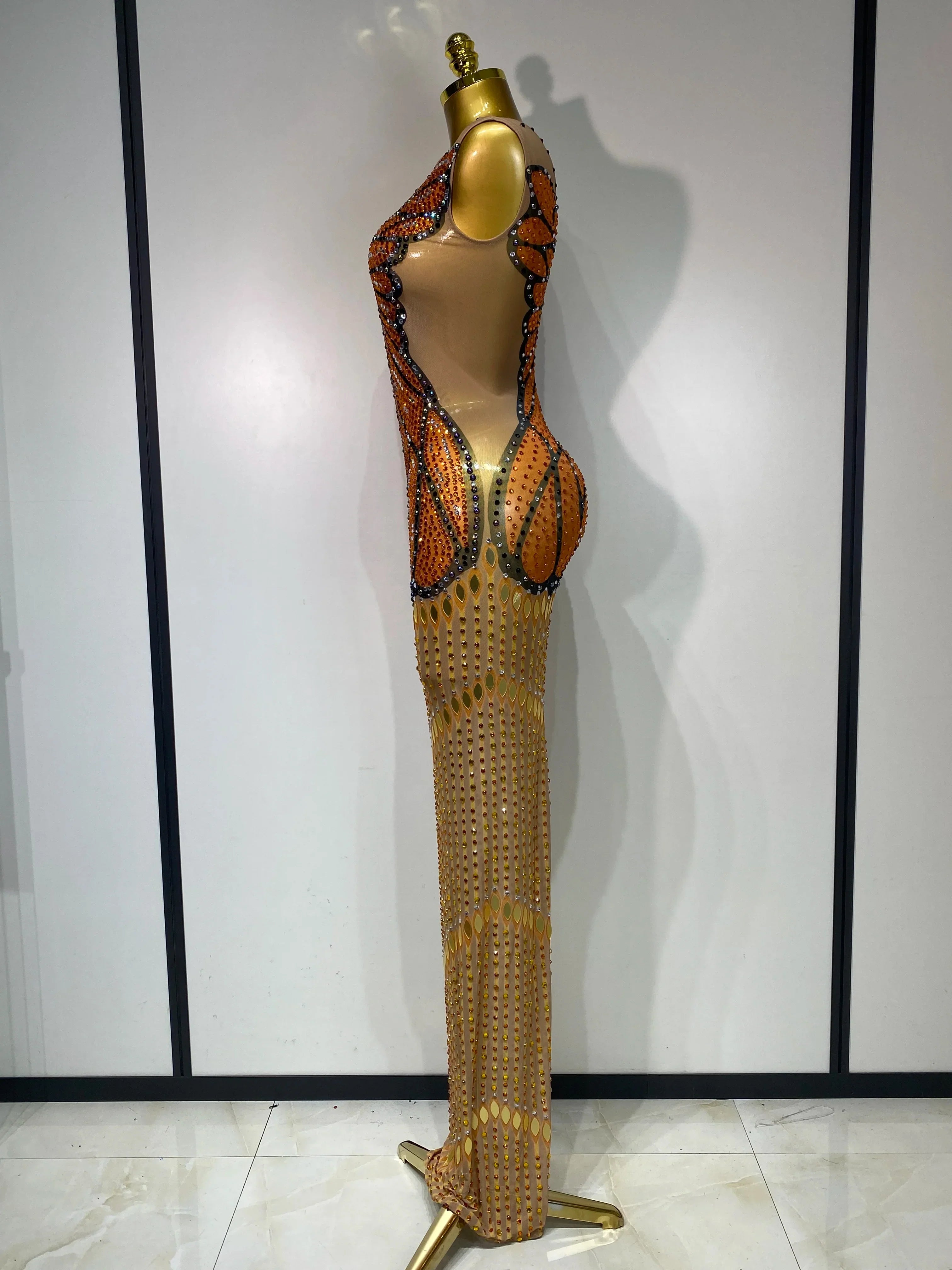 Luxury Rhinestones Mesh Long Dress Elegant Sexy Sleeveless Birthday Evening Party Gown Performance Singer Stage Outfit