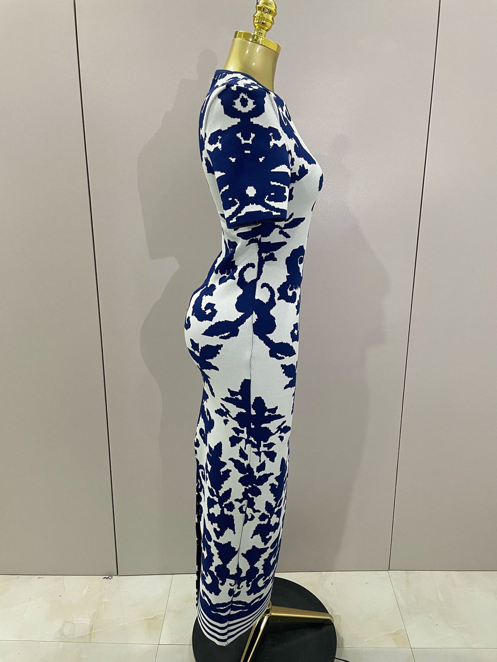 Sexy Short Sleeve Jacquard Blue Bandage Bodycon Long Dress Women Celebrity Elegant Evening Club Party Luxury Dresses