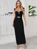Arrival Women Sexy Square Collar Sparkly Crystal Bodycon Bandage Long Dress Birthday Party Celebrate Cocktail Outfit black