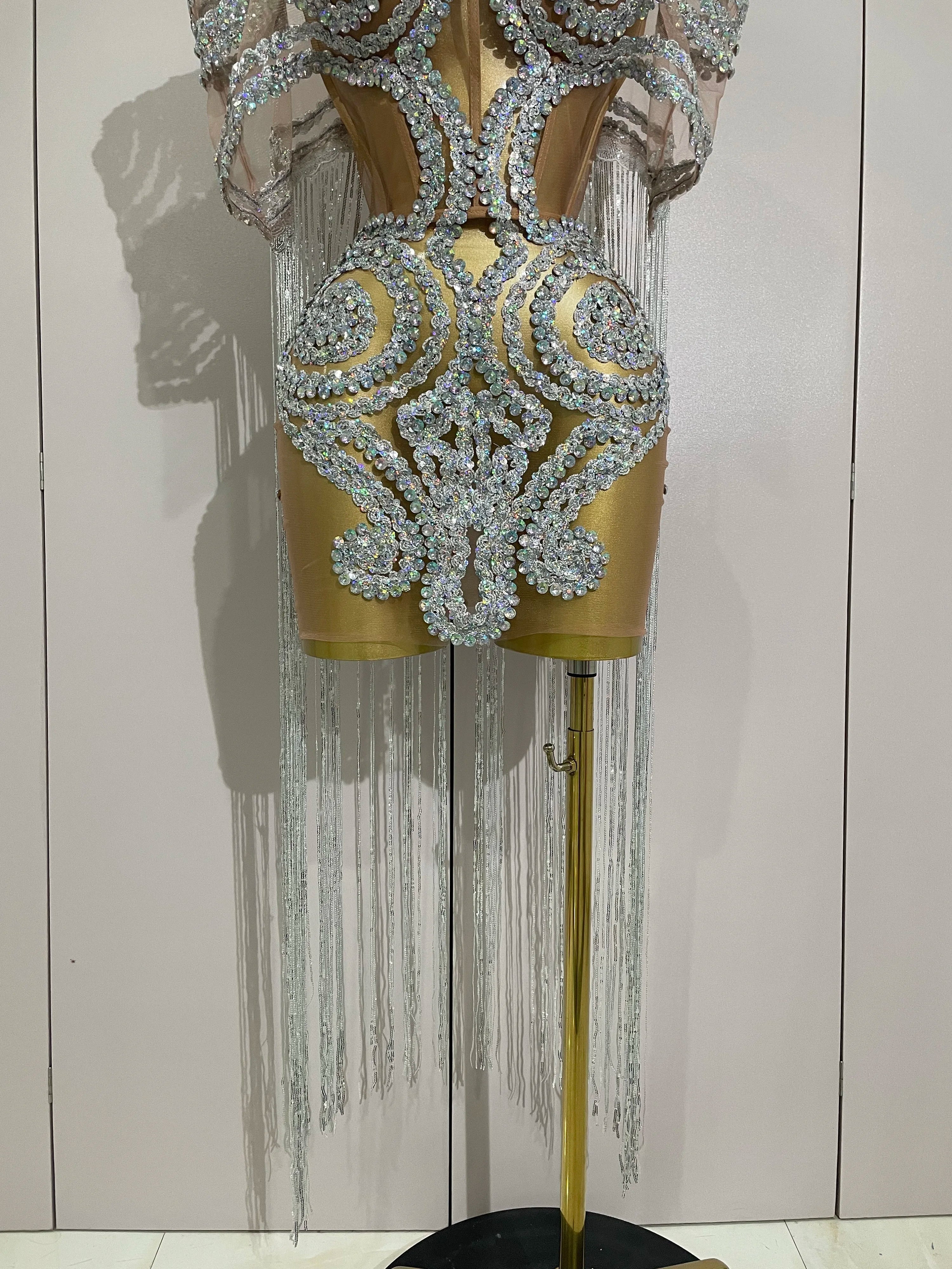Sparkly Rhinestones Sequins Sexy Mesh Tassels Cape Short Dress  Women Evening Birthday Party Nightclub Stage Costume