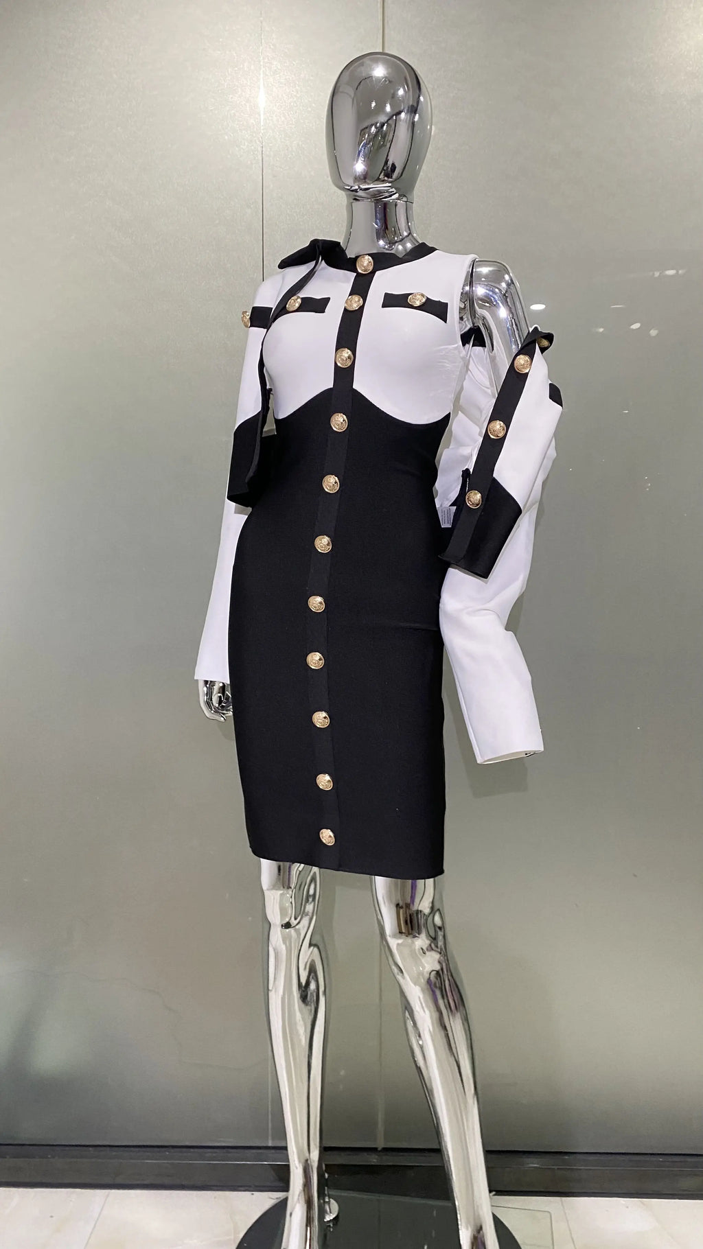 Arrivals Fashionable  Women's Bandage Set Golden Buttons White Patchwork Black Coat And Sleeveless Bodycon MIini Dress