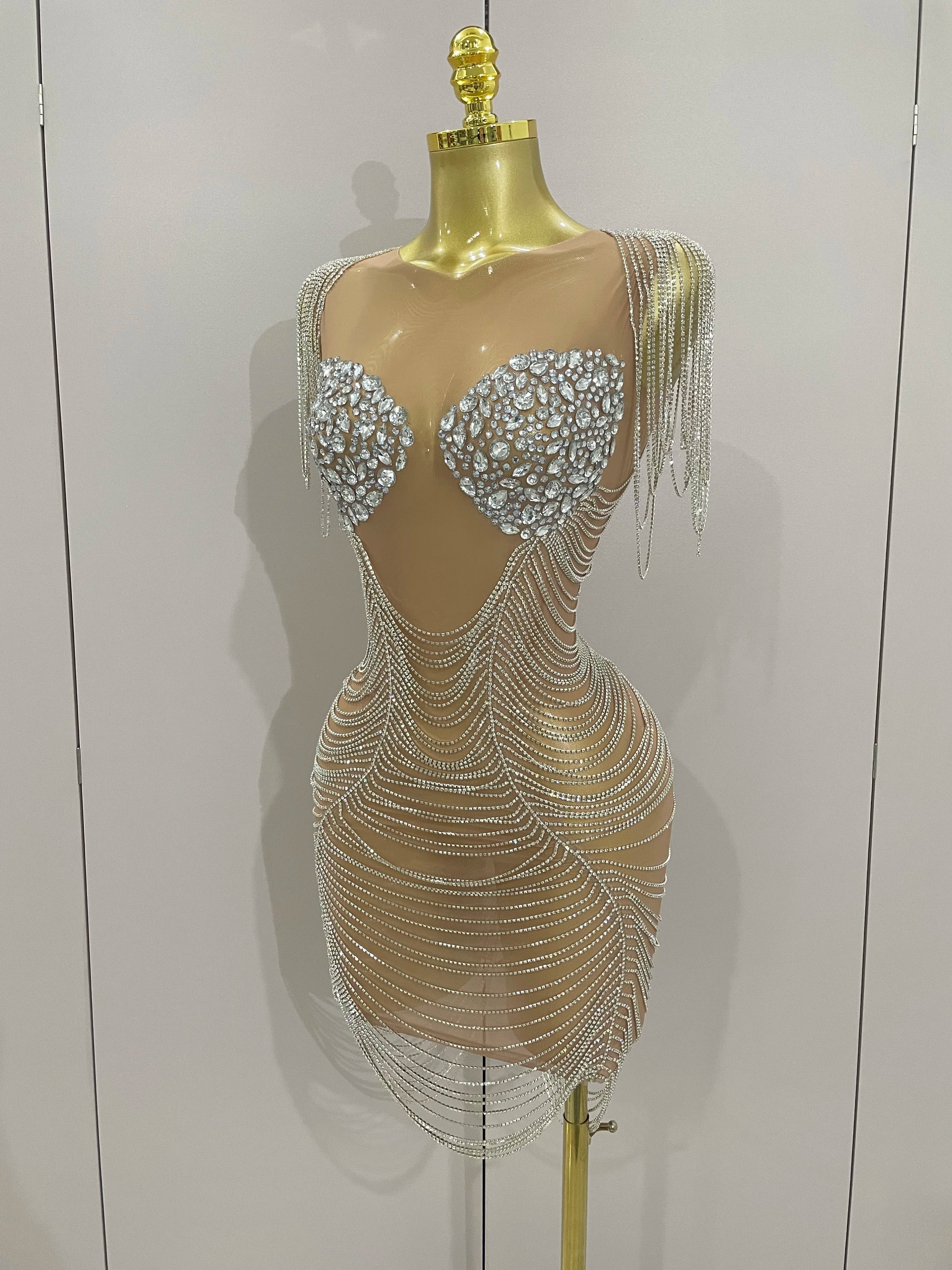 Sparkly Diamonds Crystal Sexy Mesh See Through Mini Dress Women Birthday Party Club Celebrate Stage Performance Costume