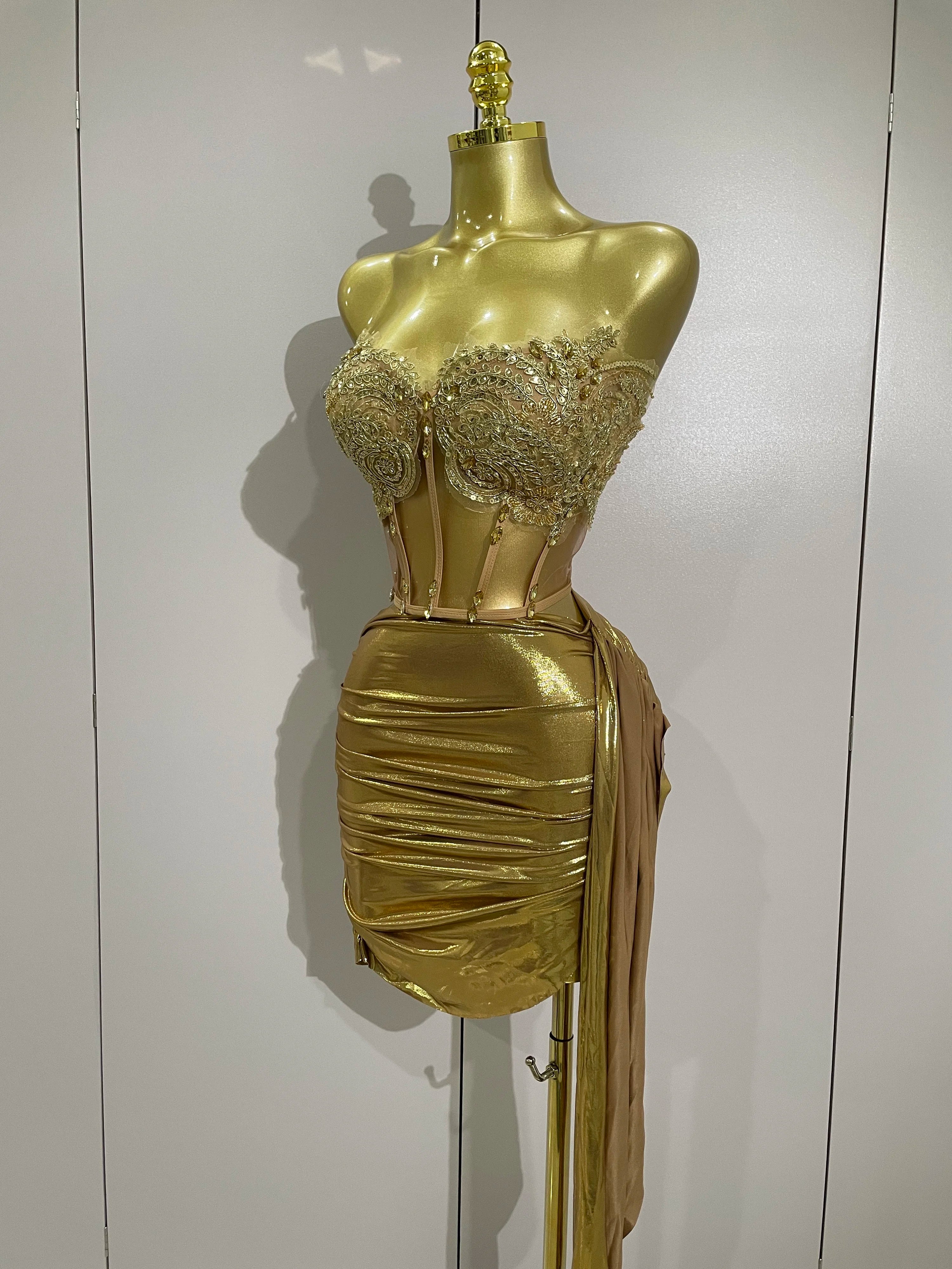 Sparkly Gold Sexy Top Two Pieces Short Skirt Set  Women Celebrate Birthday Dress Party NightClub Dancer Show Stage Outfit
