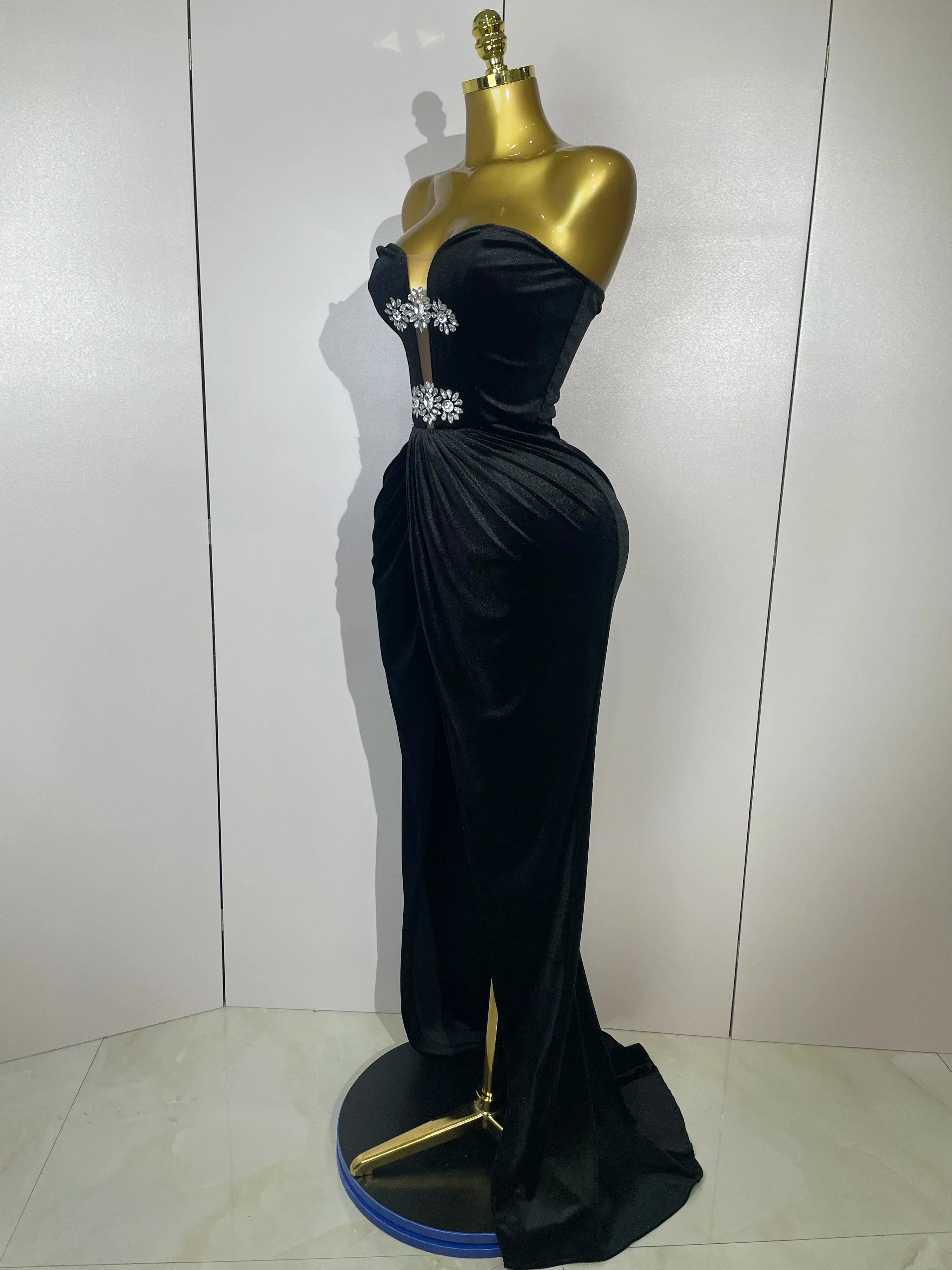 Sparkly Rhinestones Mesh Sexy Split Velvet Gloves Long Dress Women Birthday Celebrate Wedding Gown Stage Photo Shoot Wear