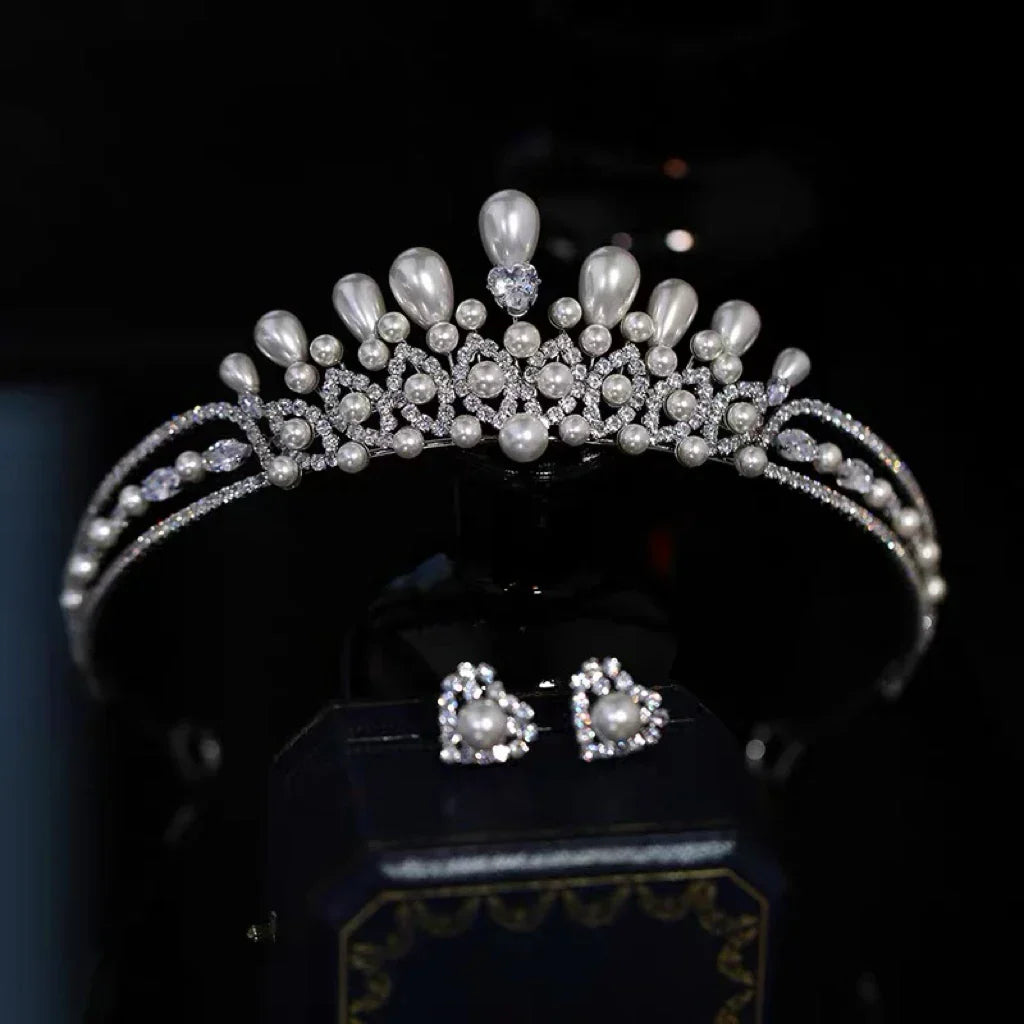 Crystal Pearl Tiaras and Crowns Set Zirconia Diadem For Bride Princess Queen Headband Bridal Hair Jewelry Wedding Accessories