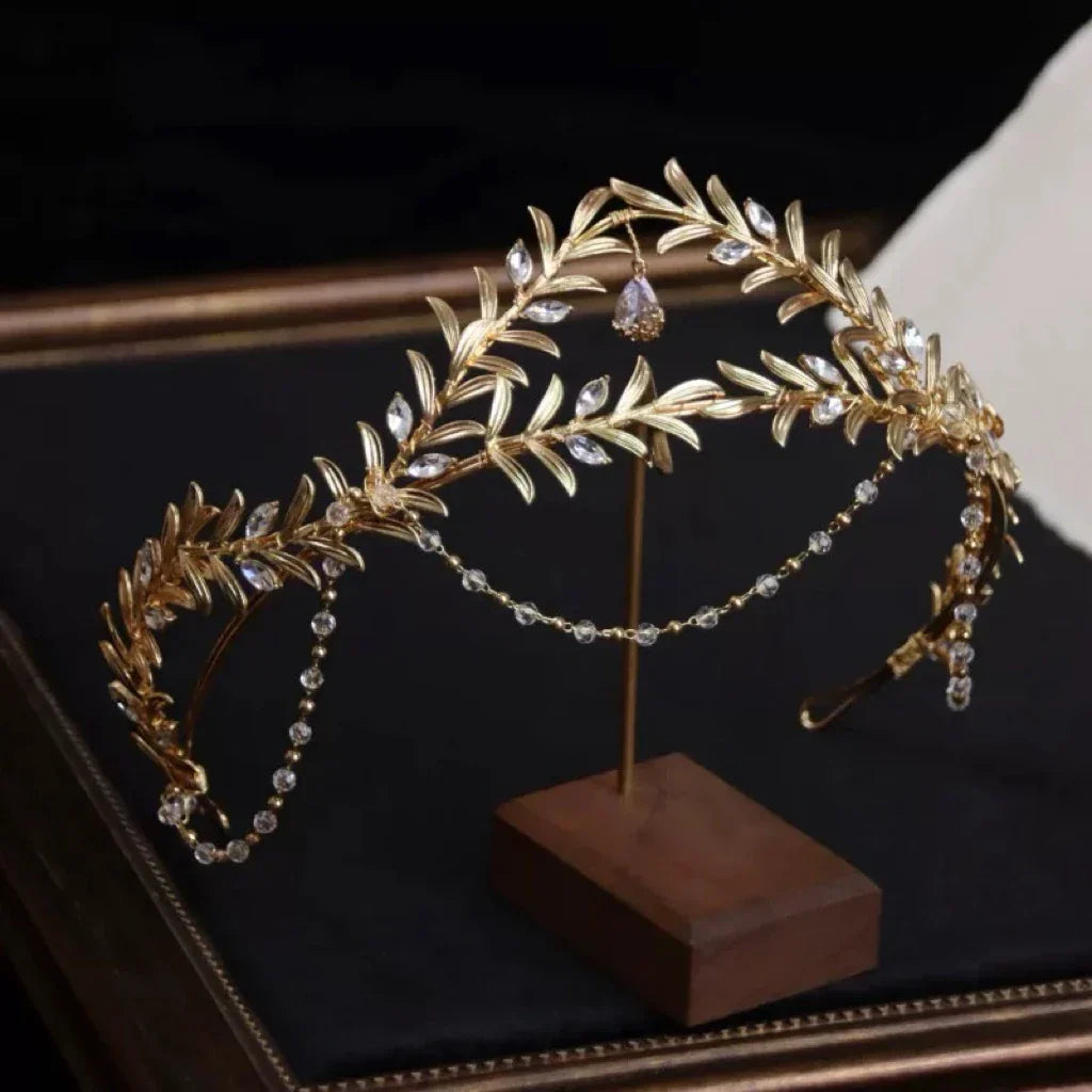 Vintage Gold Color Baroque Headband Tiara Brides Rhinestones Leaf Headpiece Headdress Wedding Accessories Bridal Hair Jewelry