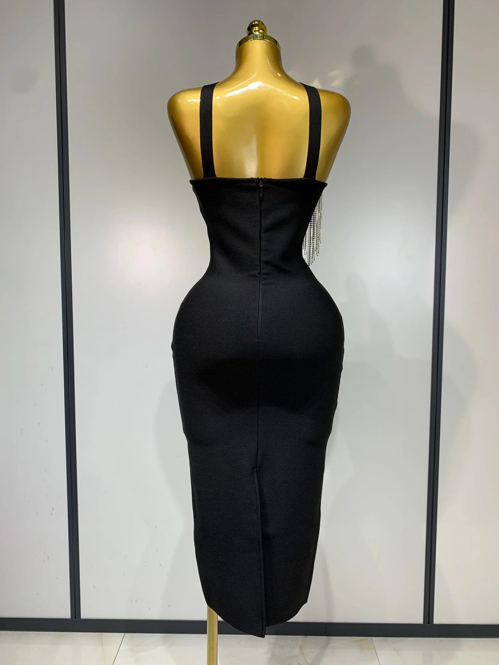 Women Sexy Diamonds Tassel Crystal Midi Black Bodycon Bandage Dress  Elegant Evening Party Luxury Birthday Dresses Vestido