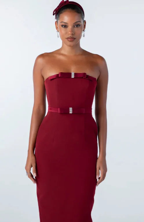 Women Sexy Strapless Bow Bodycon Mid-calf Dress Celebrate Birthday Party Date Cocktail Outfit High Quality Claret