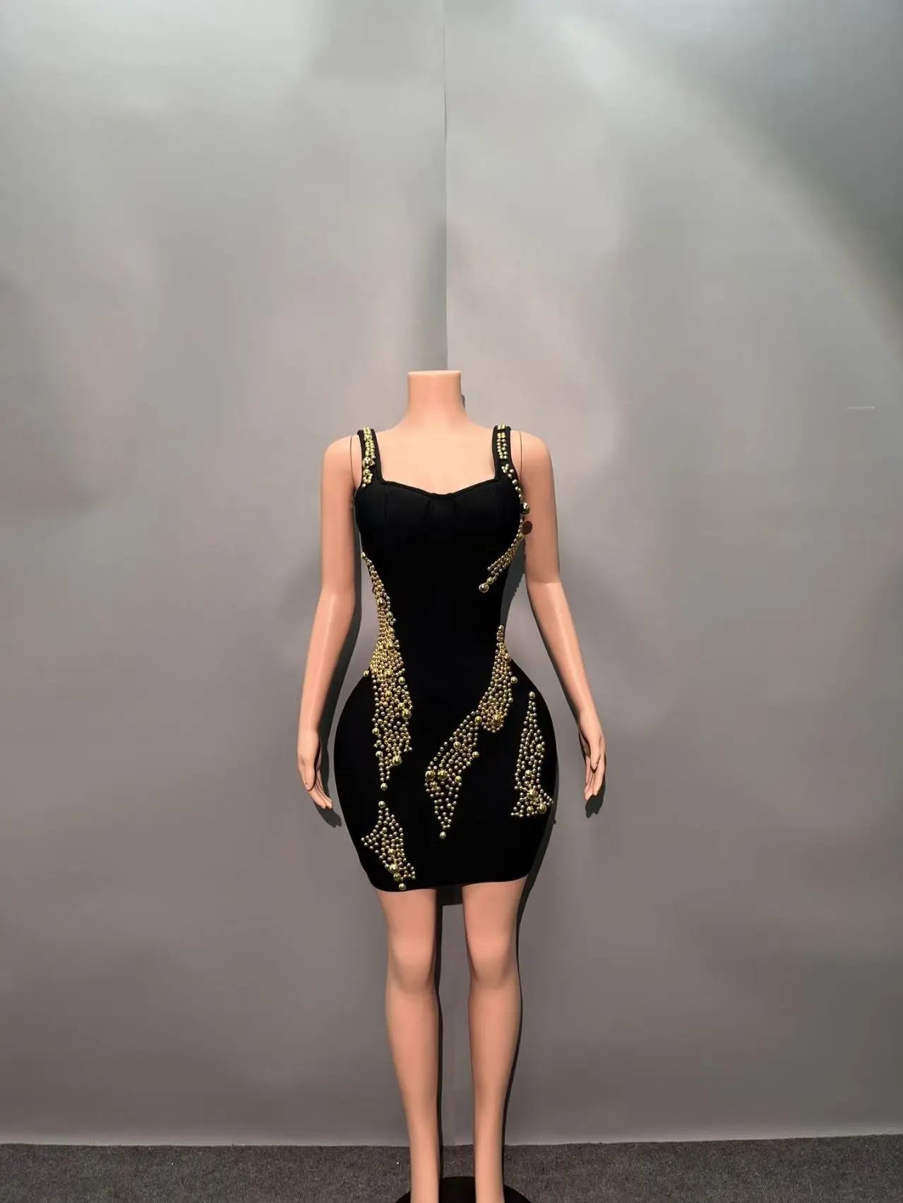 Women Sleevelss Sexy Square Collar Beading Bodycon Mini Bandage Dress Celebrate Nightclub Party Birthday Outfit Gold