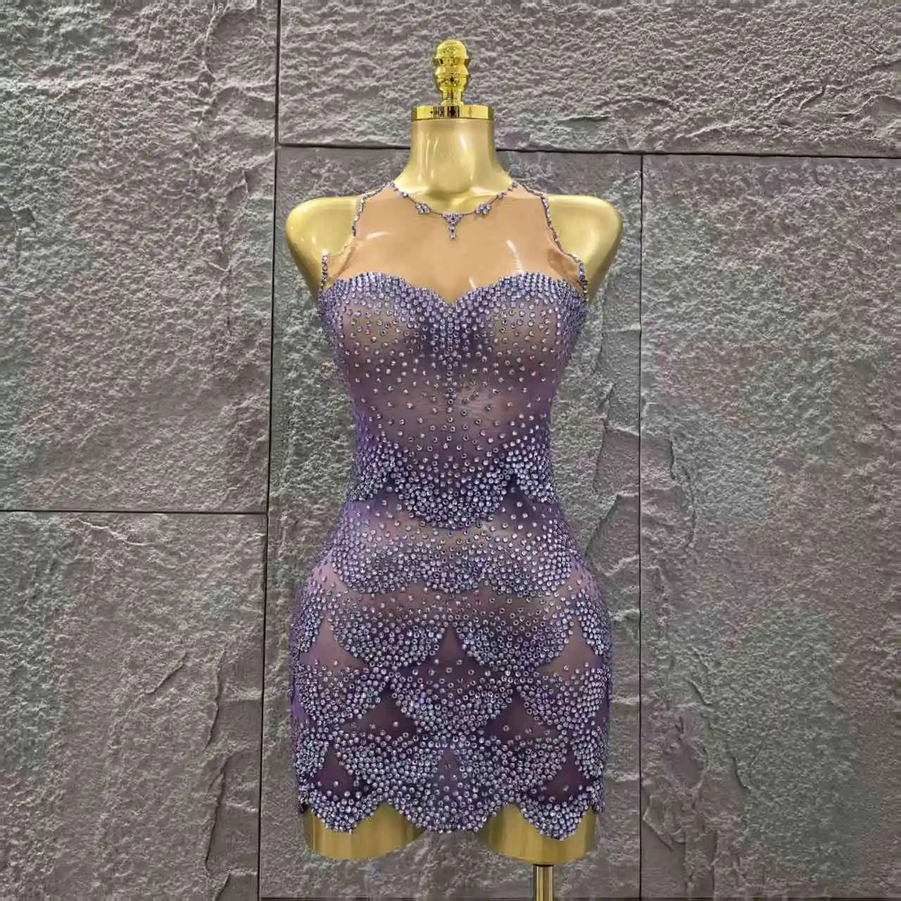 Purple Color Women Sexy Sleeveless Shinning Dimonds Bodycon Mini Dress Mesh See Through Celebrate Birthday Party Stage Wear