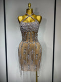Luxury Rhinestone Evening Party Dress Women Sexy Halter See Through Mesh Luxury Birthday Gowns Nightclub Singer Stage Outfit Beige