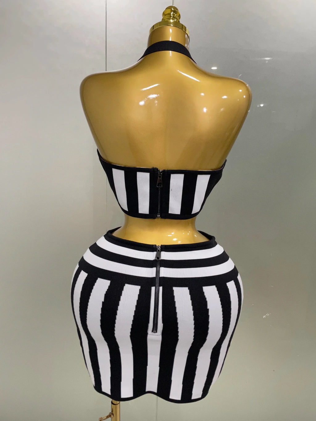 Women Celebrity Sexy Jacquard Black White Two Piece Bodycon Striped Bandage Skirt Set Designer Evening Party Dress