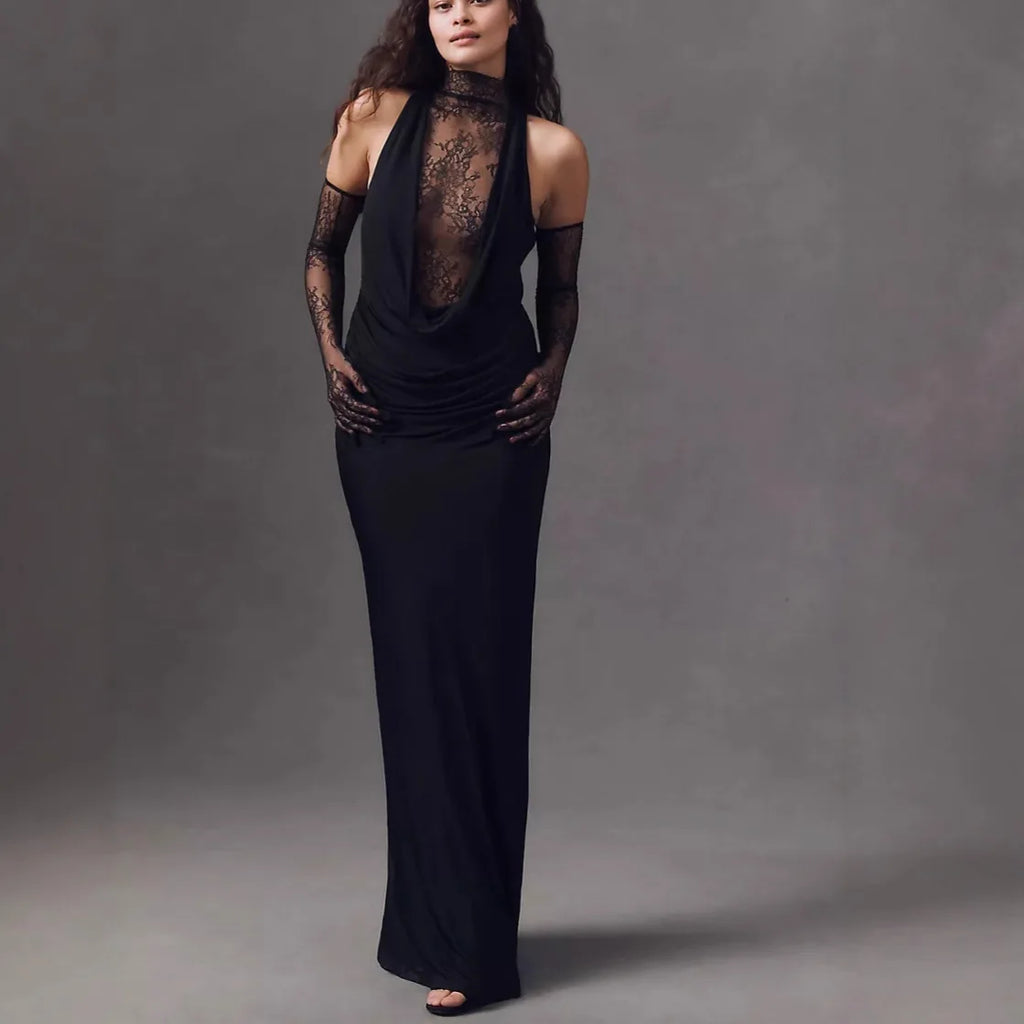 Women Black Color Women Sleeveless Off the Shoulder Lace Bodycon Long Dress Celebrate Evening Party Bar Club Wear
