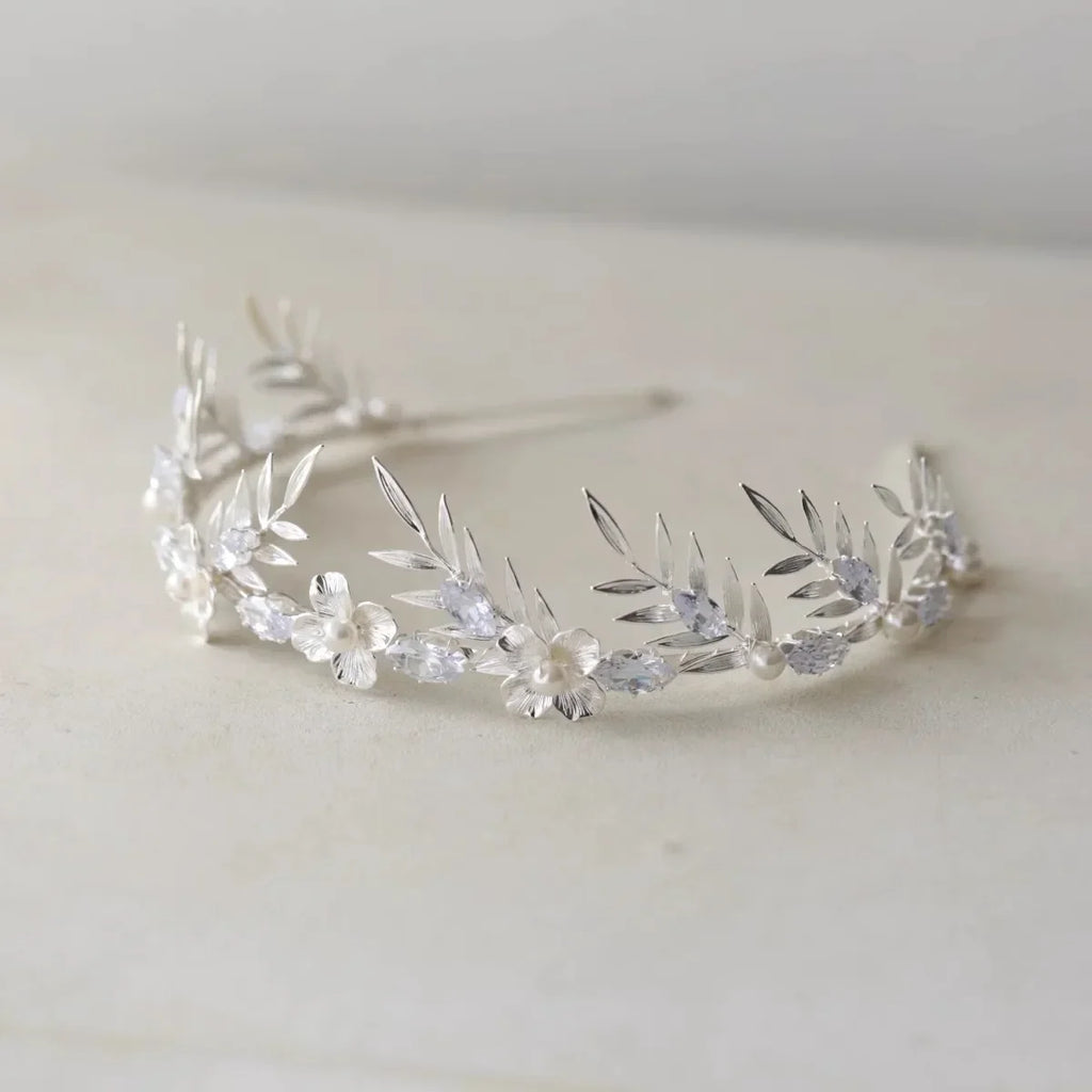 Bridal Hair Jewelry Pearl Crystal Tiara Headband Leaf Flower Headpiece For Brides Silver Color Headdress Wedding Accessories