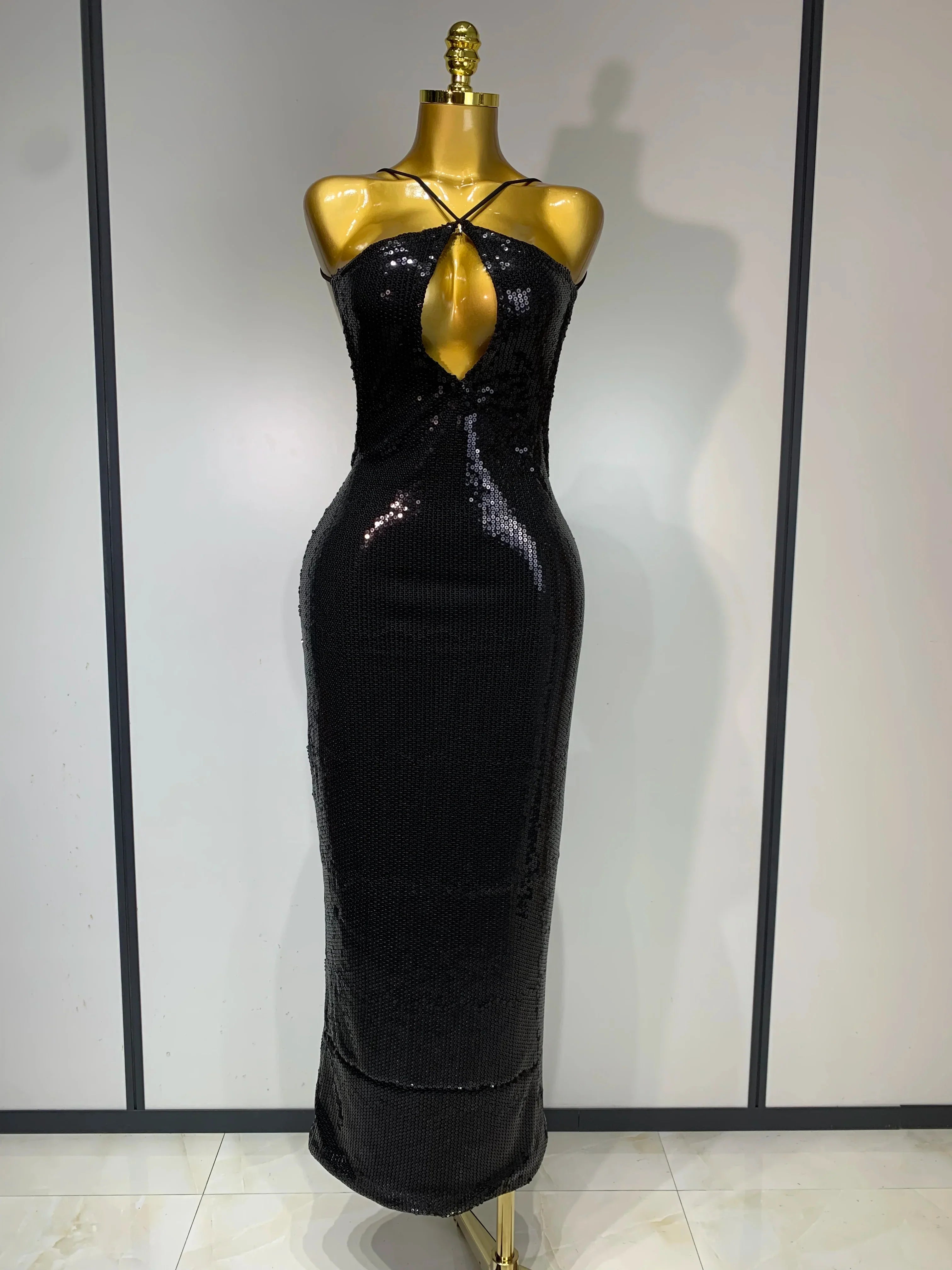 Luxury Sexy Backless Halter Gold Glitter Sequins Maxi Long Dress Elegant Sparkly Evening Party Club Dress Wedding Guest Gown black