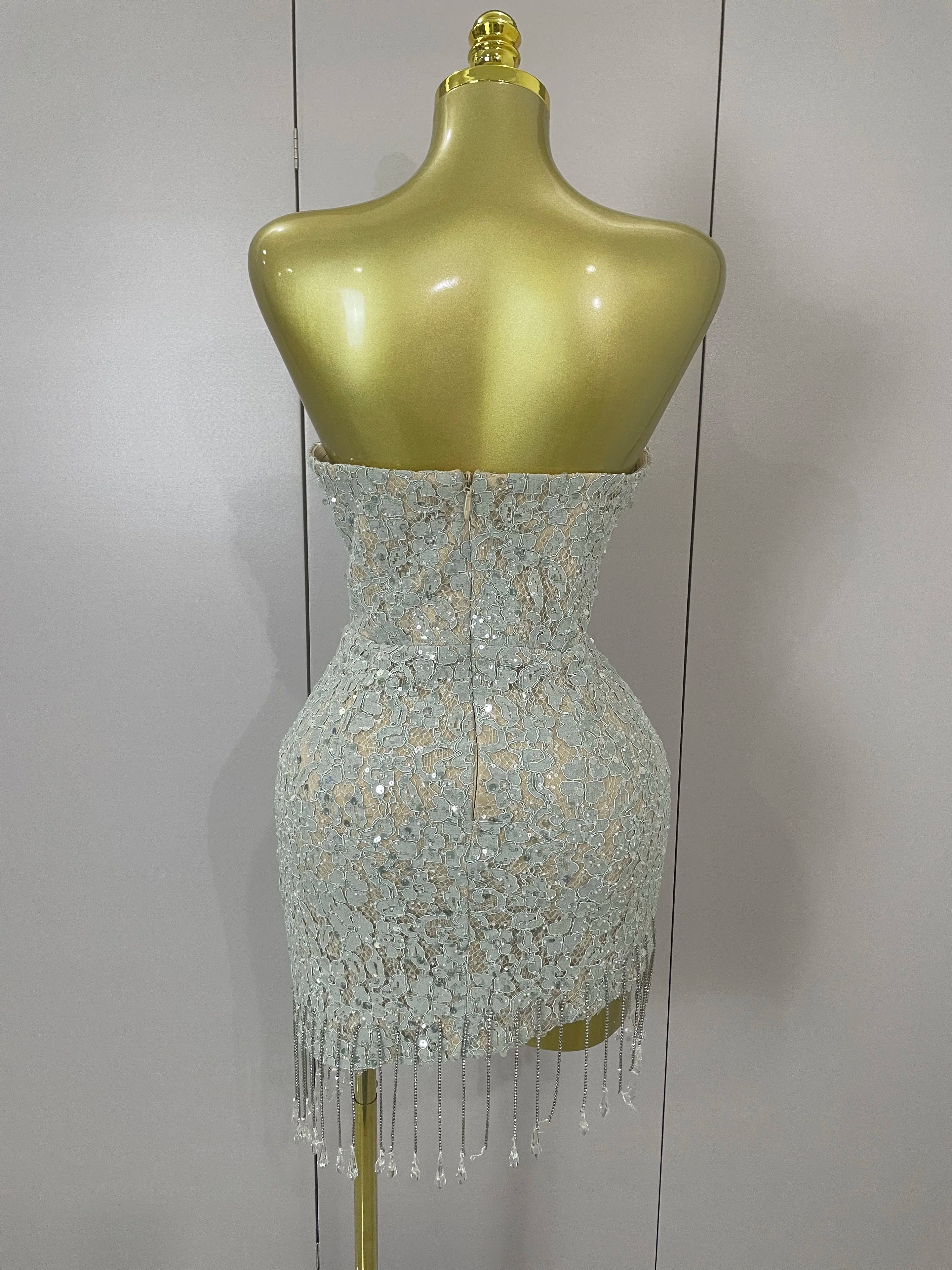 Luxury Sparkle Diamond Tassel Halter Cocktail Dress  Women Elegant Evening Formal Gowns Wedding Party Dresses Stage Costumes