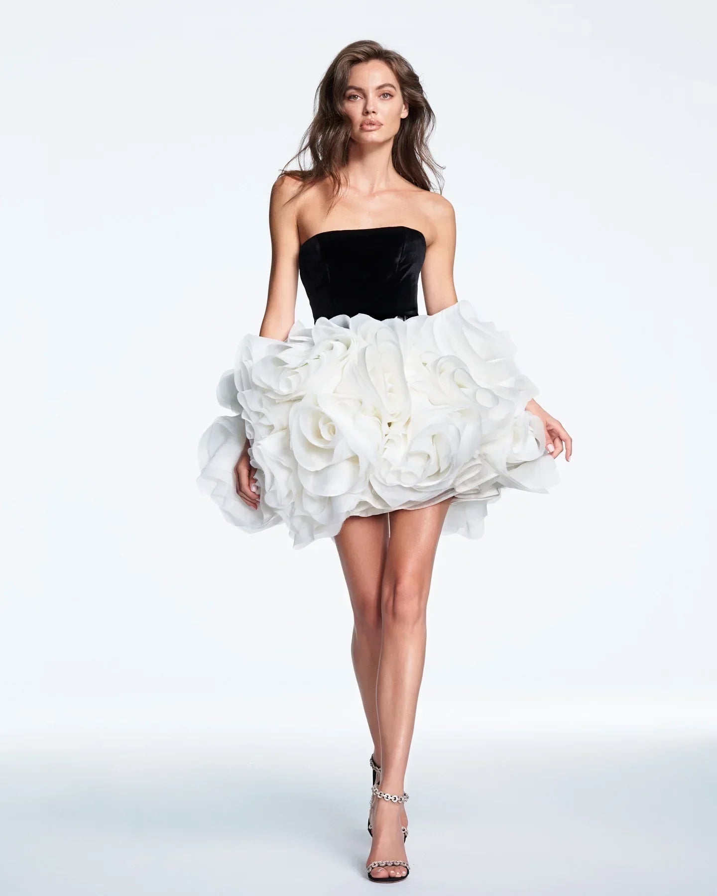 New Summer Women Sexy Strapless Ball Gown Mini Cute Dress Big Florals Celebrate Birthday Party Photo Shoot Outfit black