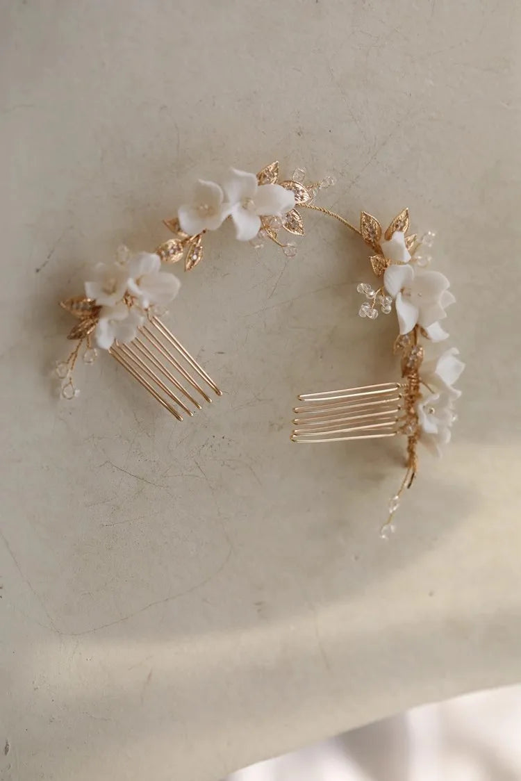 Bridal Jewelry Porcelain Flower Headband Hairband Vintage Gold Color Headpiece Headdress Brides Hair Comb Wedding Accessories