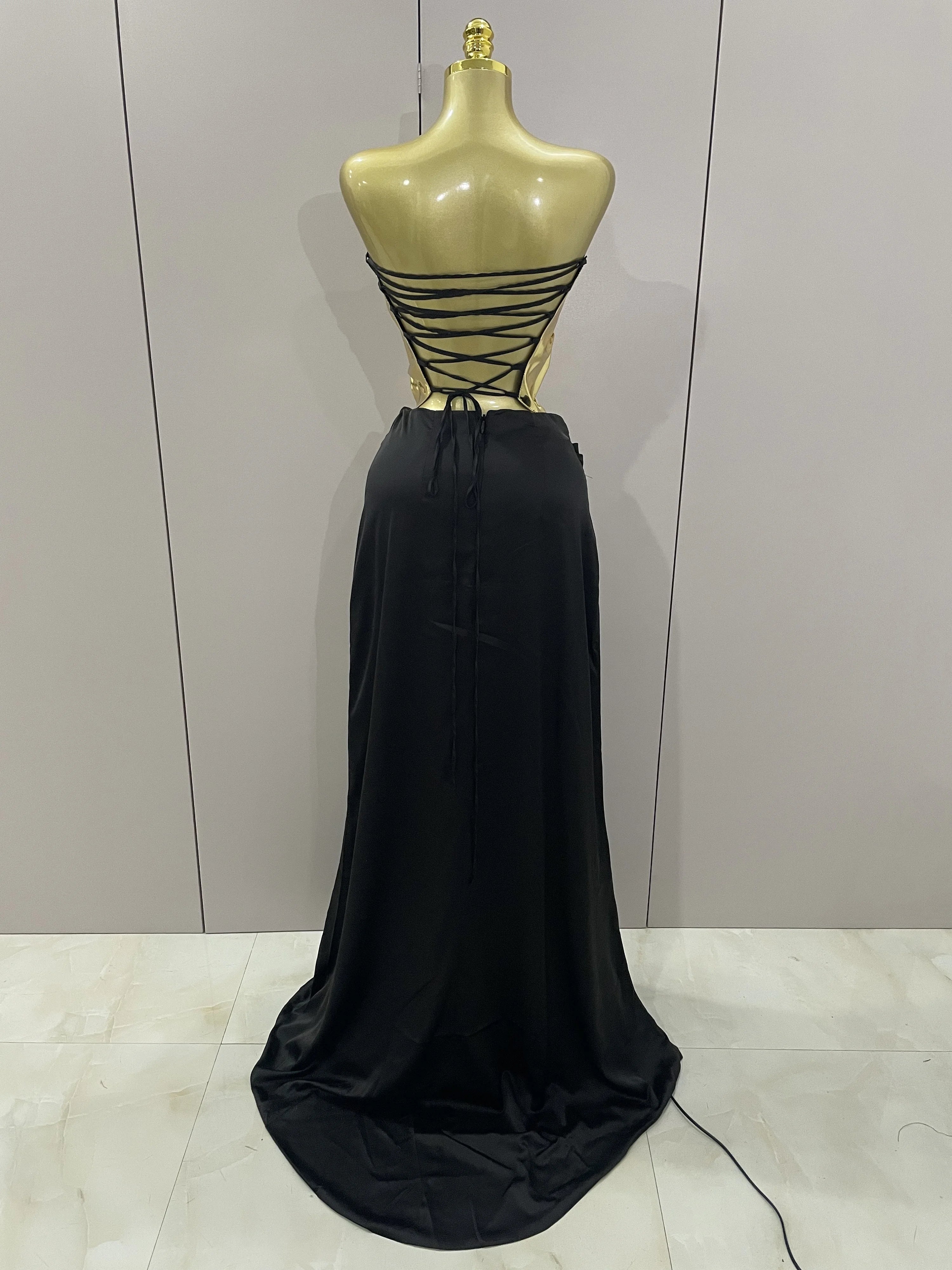 Gold Color Sexy Laced-up Tops 2 Pieces Set Long Dress Women Celebrate Evening Party Celebrity Elegant Dress