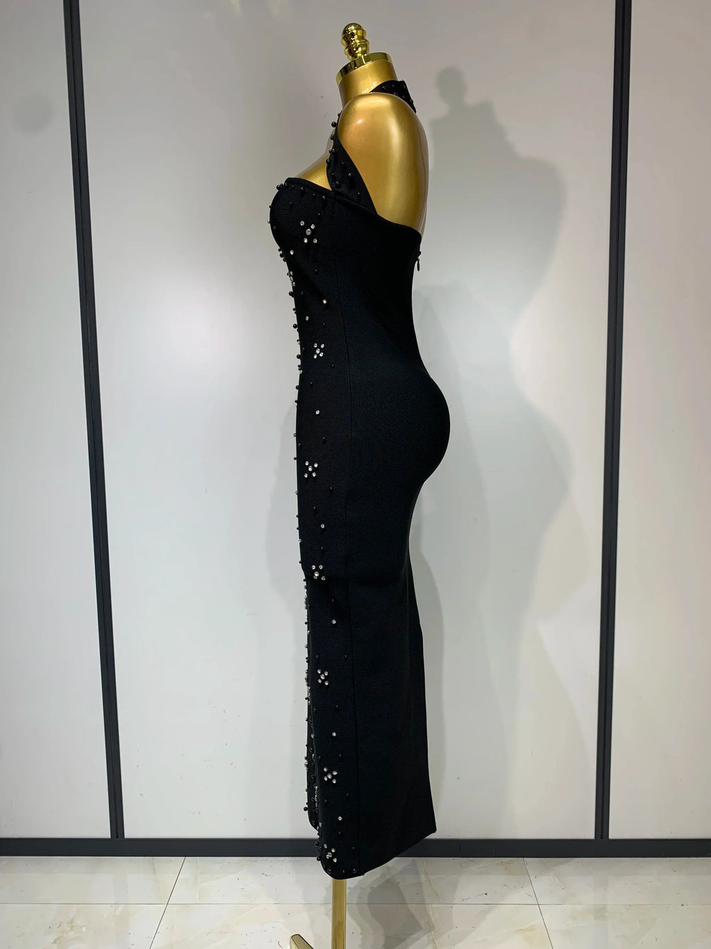 Elegant Sparkly Rhinestone Pearl Halter Backless Bodycon Bandage Long Dress  Women Luxury Birthday Evening Party Gowns