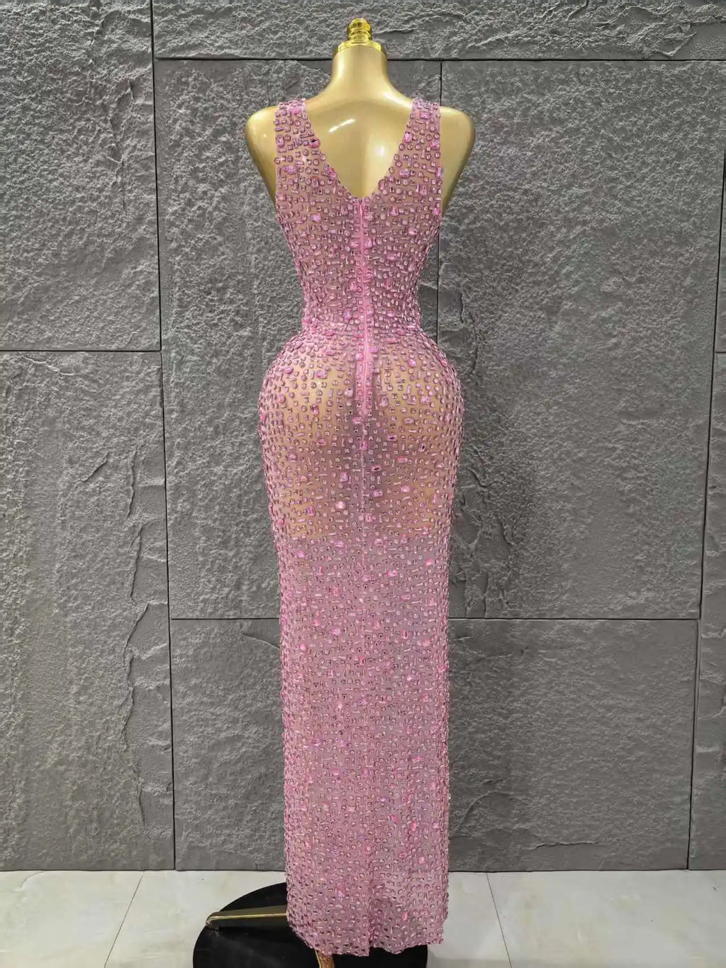 Women Sleeveless Sexy O-Neck Mesh See Through Full Crystal Bodycon Long Dress Birthday Party Stage Wear
