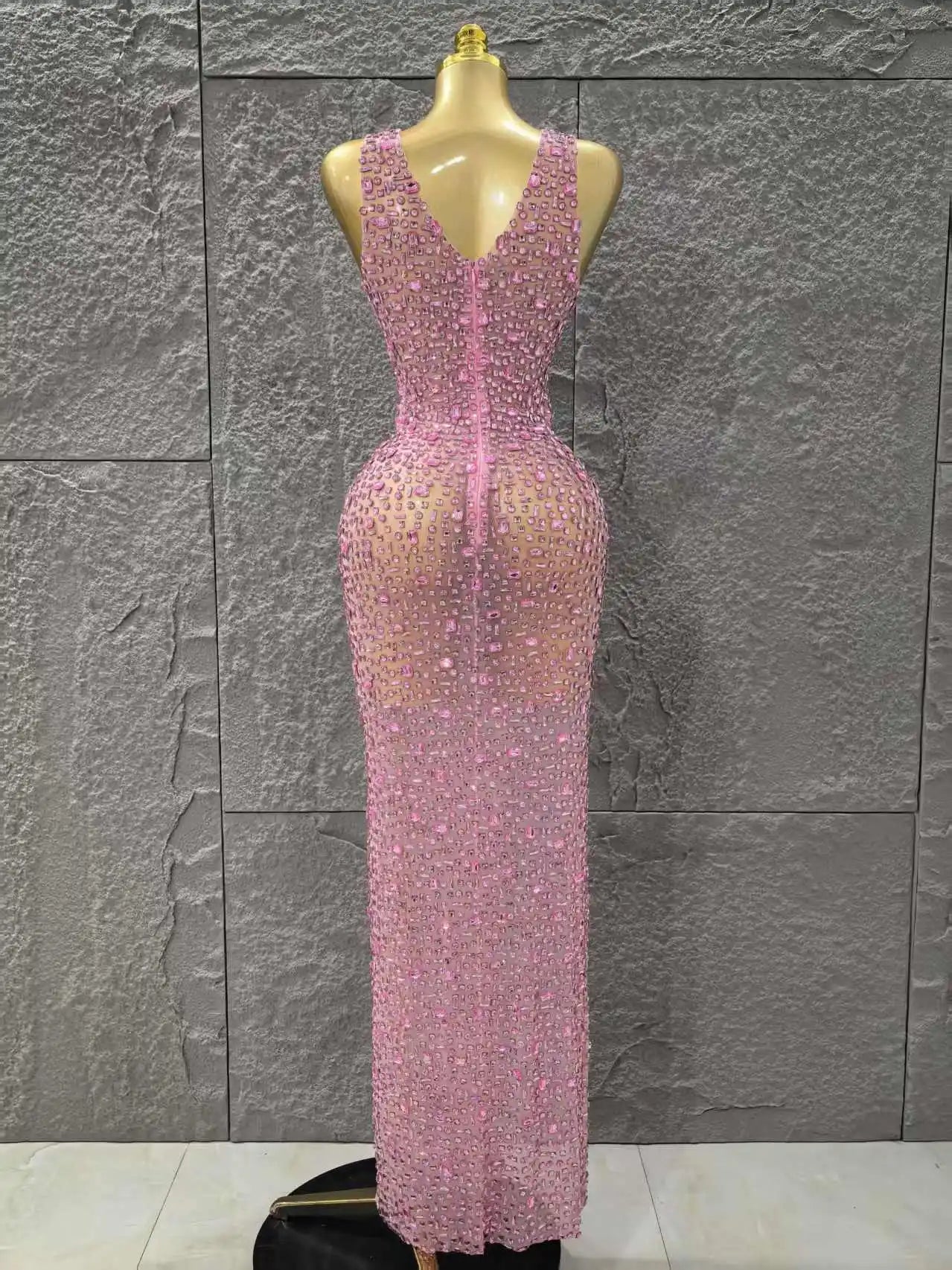 Women Sleeveless Sexy O-Neck Mesh See Through Full Crystal Bodycon Long Dress Birthday Party Stage Wear