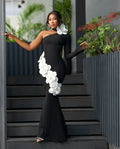 Black Color Women Sexy Long Sleeve One Shoulder White Florals Bodycon Long Bandage Dress Celebrate Evening Party Birthday Wear black