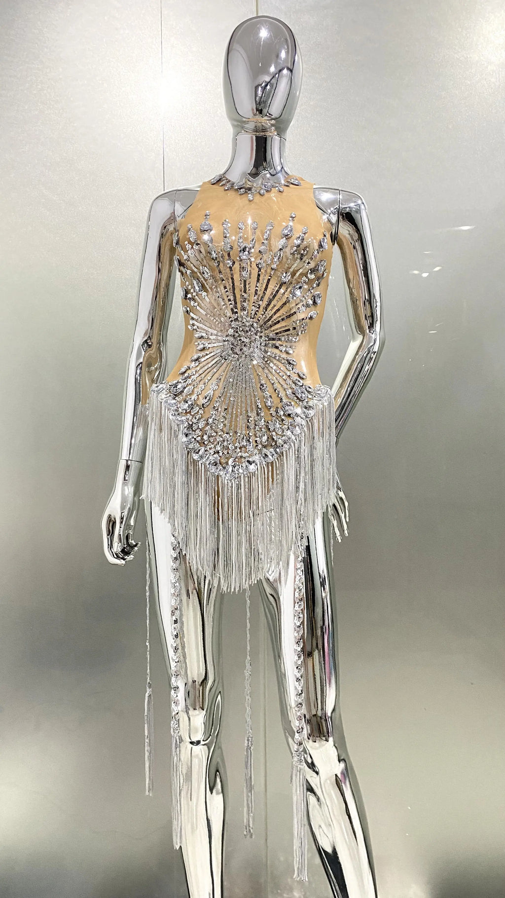 Sliver Sequins Shining Diamonds Long Tassel Sleeveless Mini Dress Evening Dress Woman Birthday Party Outfit