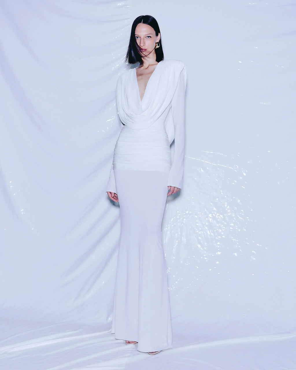 White Color Women Long Sleeve Sexy V-Neck Draped Bodycon Long Dress Fashion Celebrate Evening Party Birthday Outfit WHITE