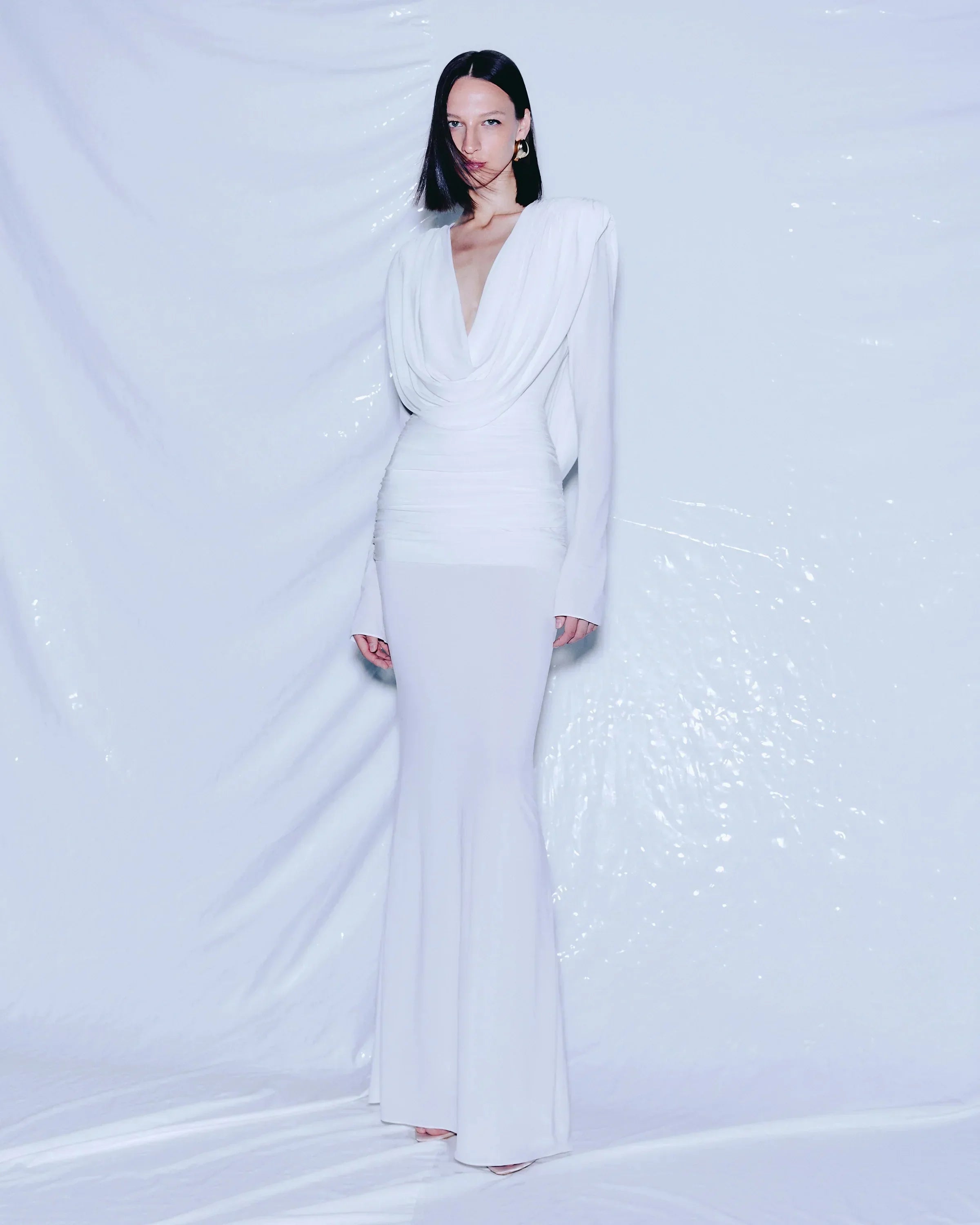 White Color Women Long Sleeve Sexy V-Neck Draped Bodycon Long Dress Fashion Celebrate Evening Party Birthday Outfit WHITE